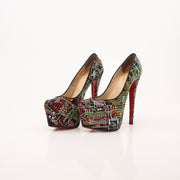 Gold & Beyond Christian Louboutin Lady Peep Geek Pumps heels with signature red soles and black leather upper, stylish and elegant footwear