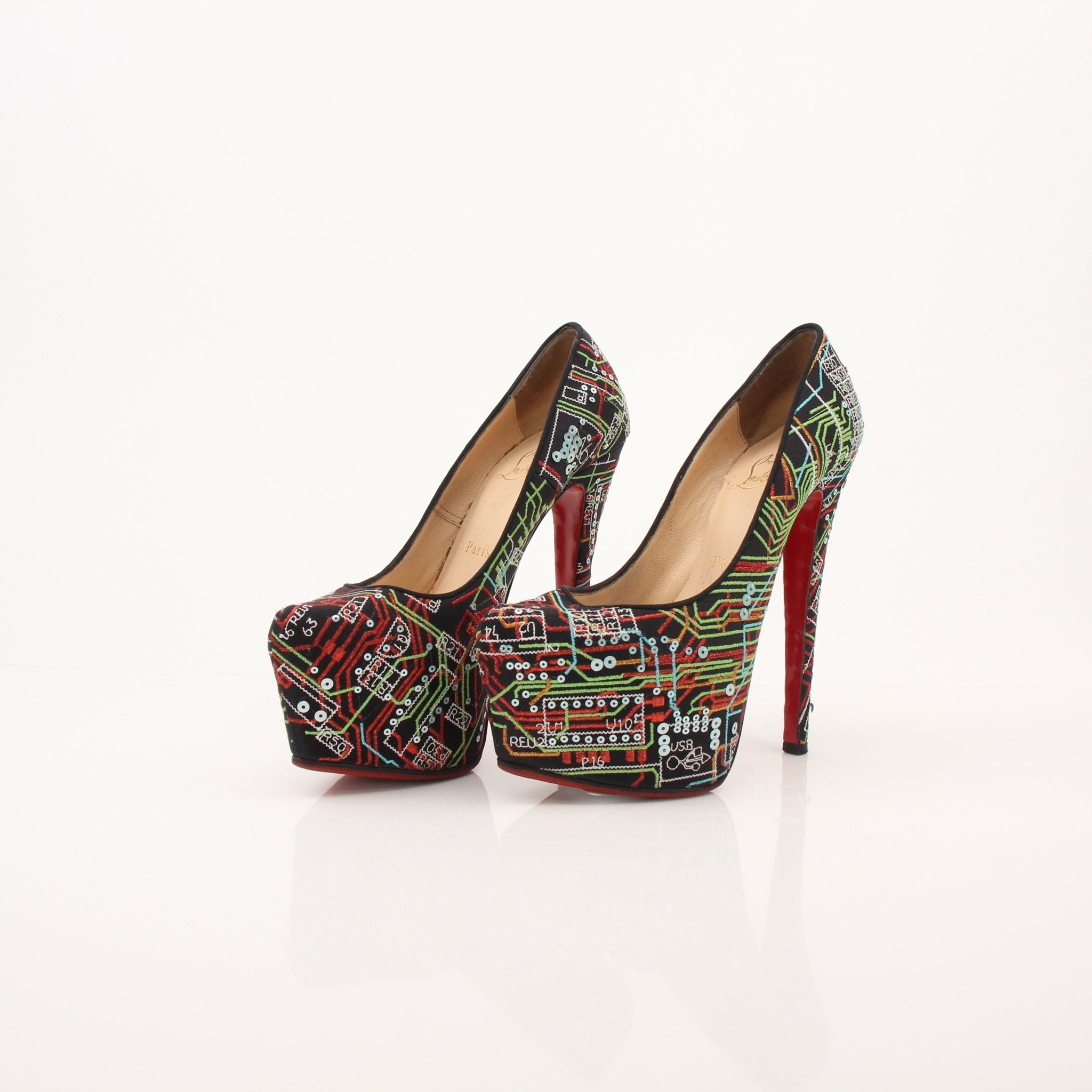 Gold & Beyond Christian Louboutin Lady Peep Geek Pumps heels with signature red soles and black leather upper, stylish and elegant footwear