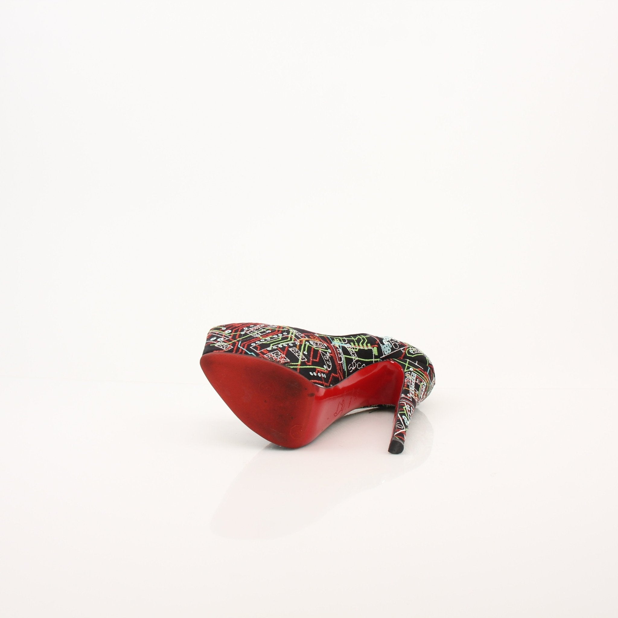 Gold & Beyond Christian Louboutin Lady Peep Geek Pumps heels with signature red soles, featuring pointed toe and sleek design.