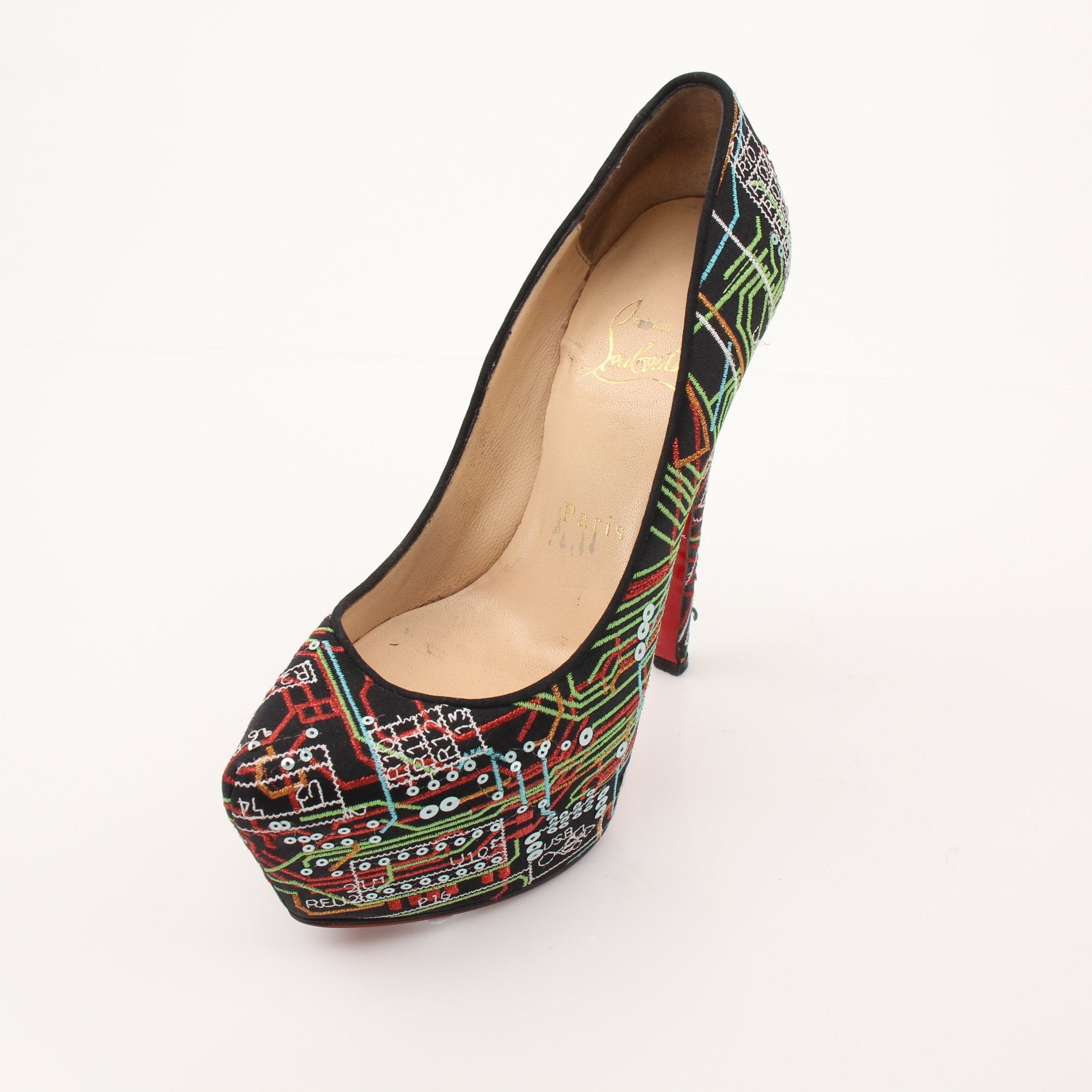 Christian Louboutin Lady Peep Geek pumps, gold and black heels with signature red soles, featuring a peep toe design.