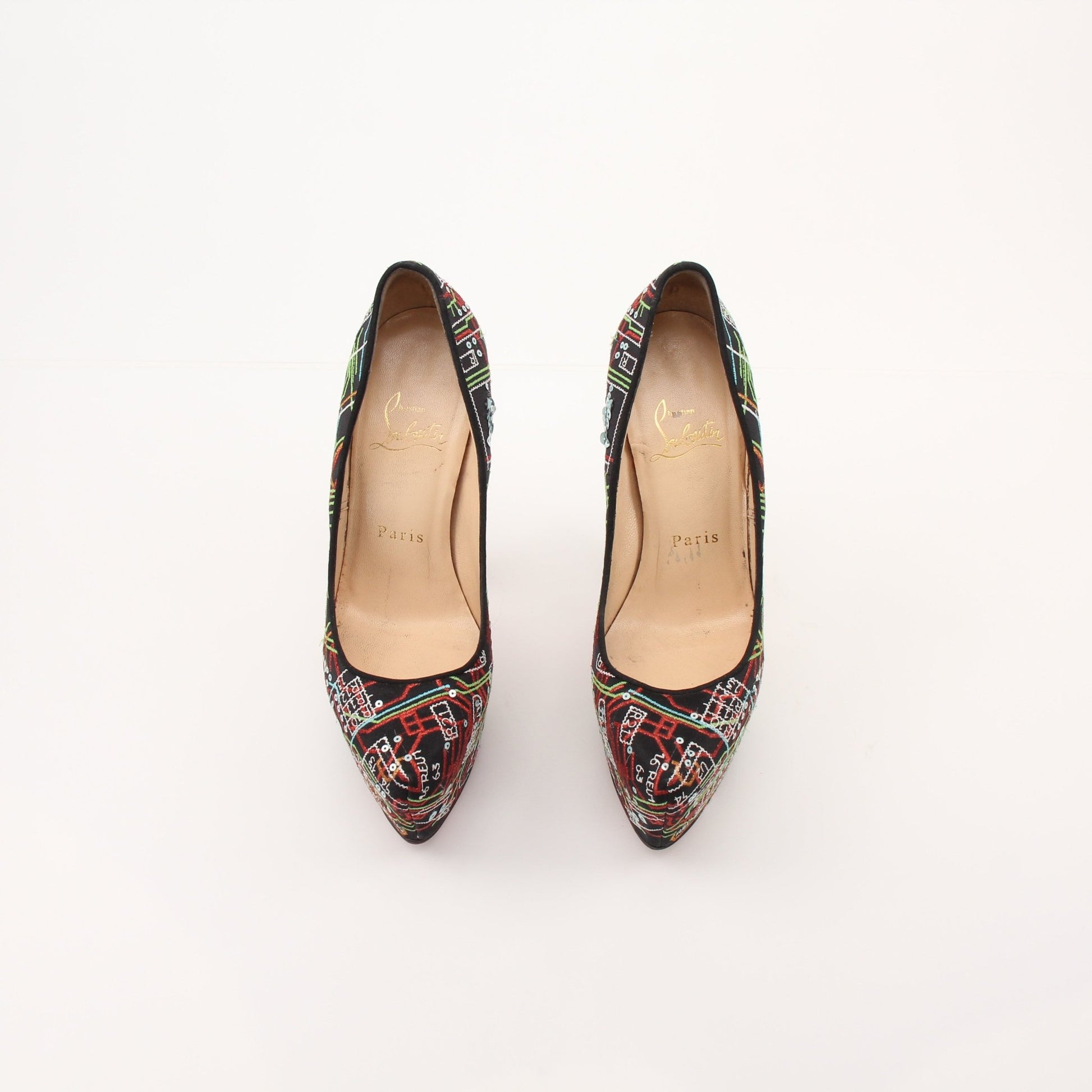Gold & Beyond Christian Louboutin Lady Peep Geek Pumps heels with signature red soles and chic design, showcased in the image.