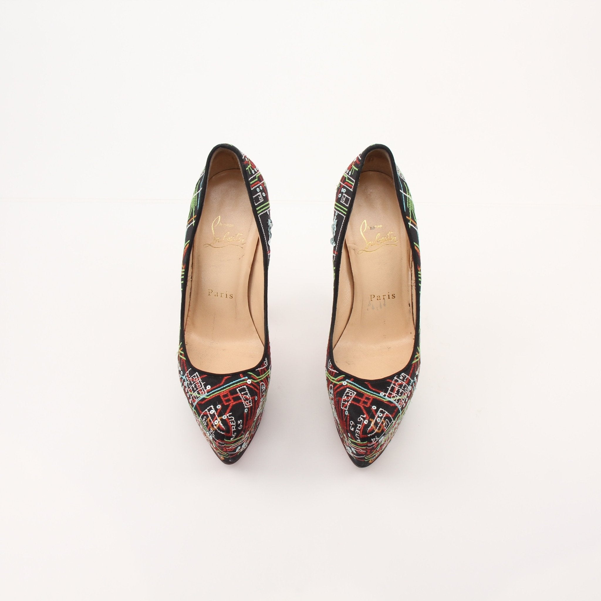Gold & Beyond Christian Louboutin Lady Peep Geek Pumps heels with signature red soles and chic design, showcased in the image.
