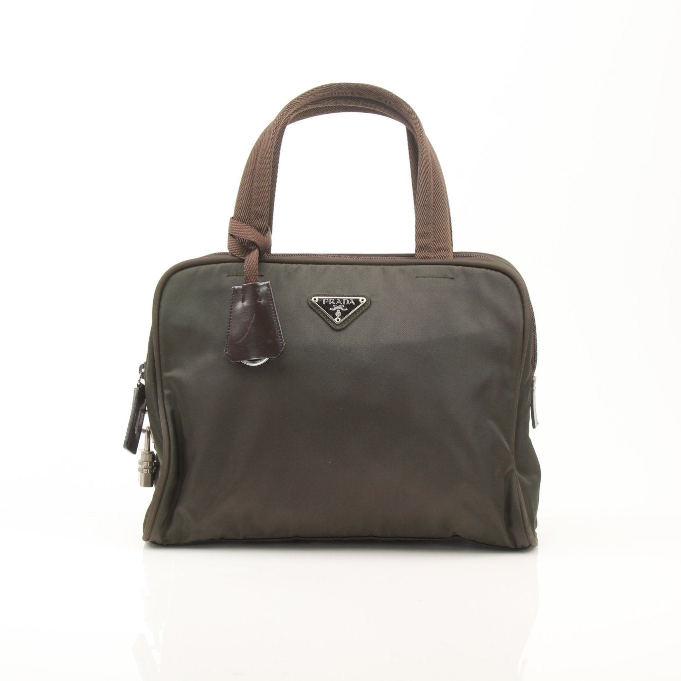 Olive green Prada triangle logo satchel handbag with gold hardware, featuring a structured design and top handle.