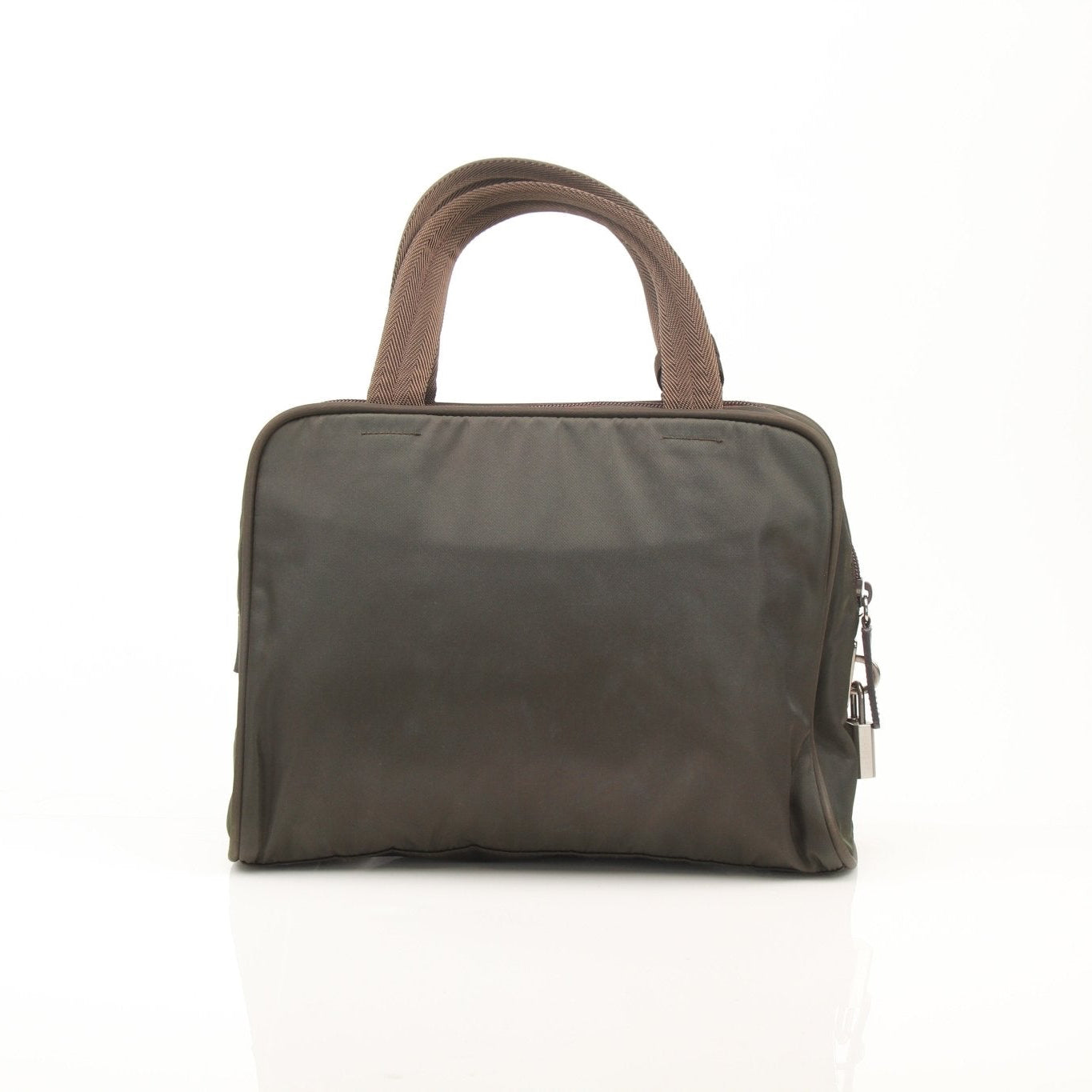 Olive green Prada triangle logo satchel handbag with gold accents, featuring a structured design and top handle.