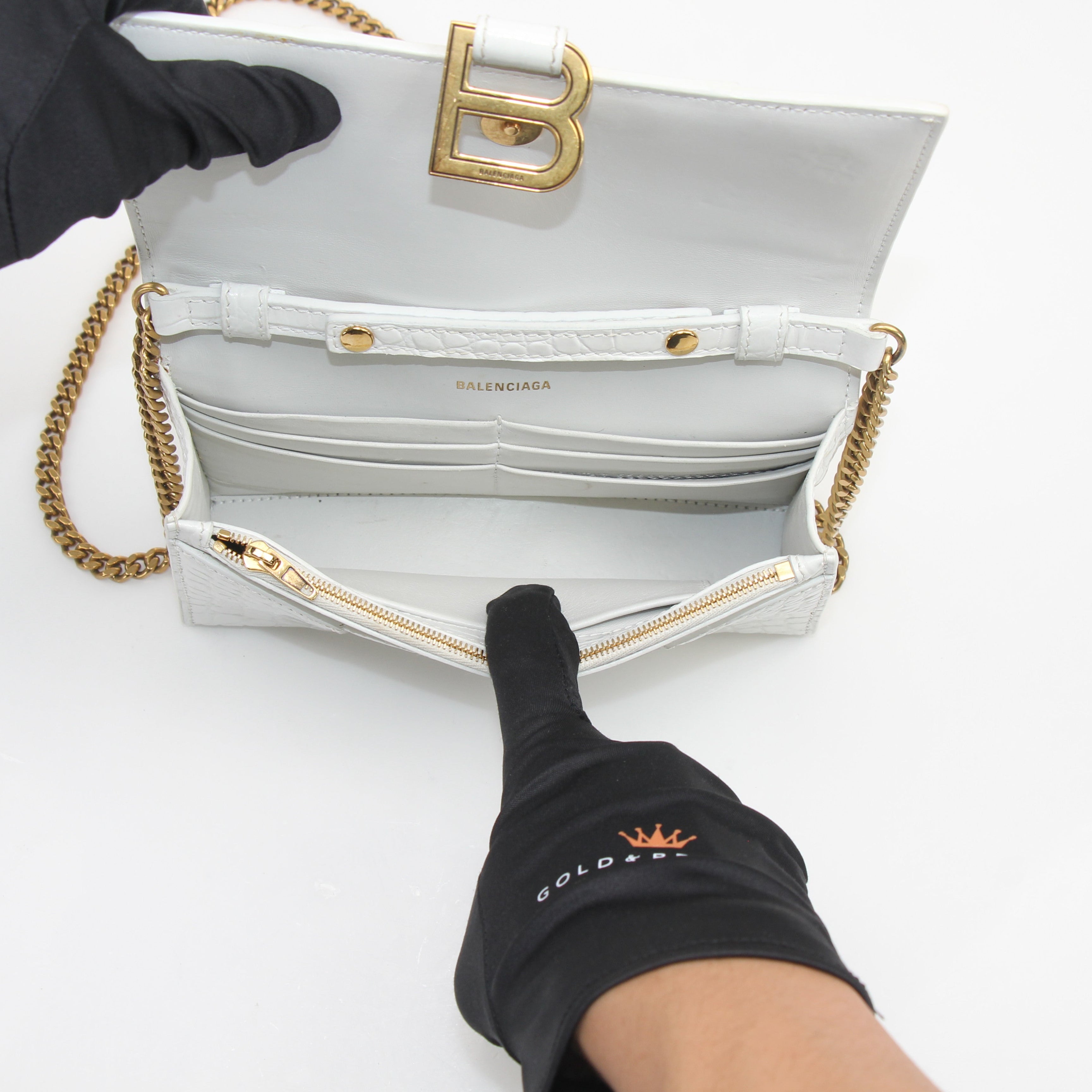 Balenciaga Hourglass Croc Embossed Wallet on Chain