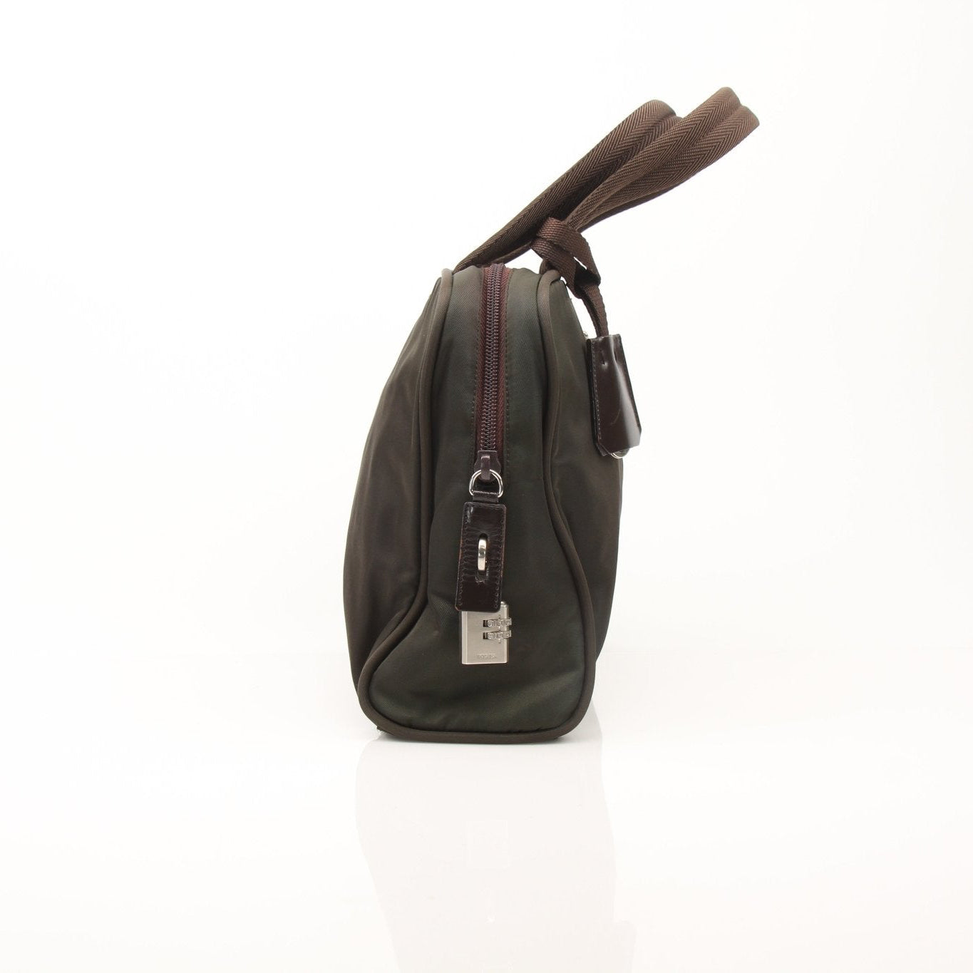 Prada olive green triangle logo satchel handbag with top handles and gold hardware, showcasing a stylish and elegant accessory.