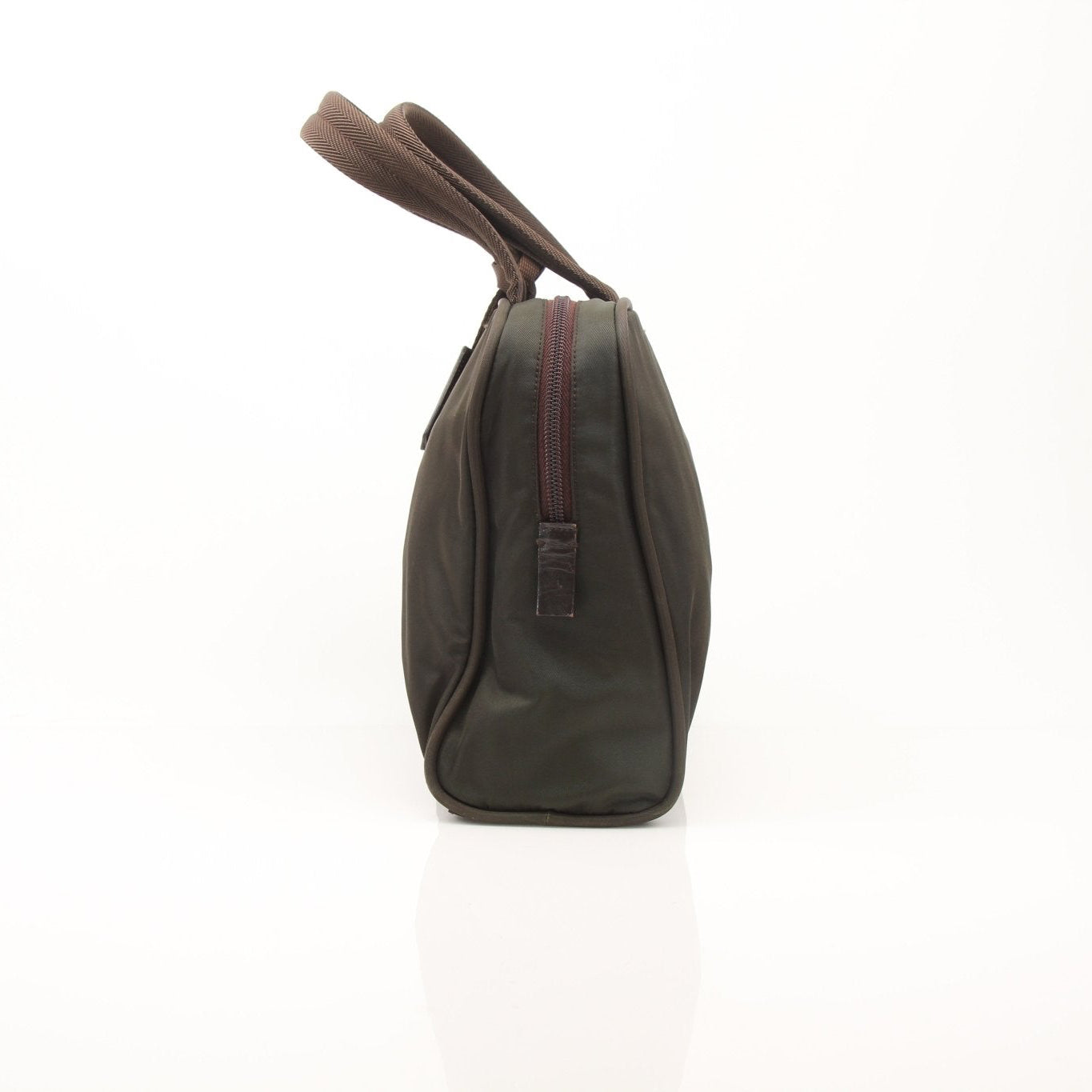 Prada olive green triangle logo satchel handbag with gold accents, showing the textured leather and stylish design.