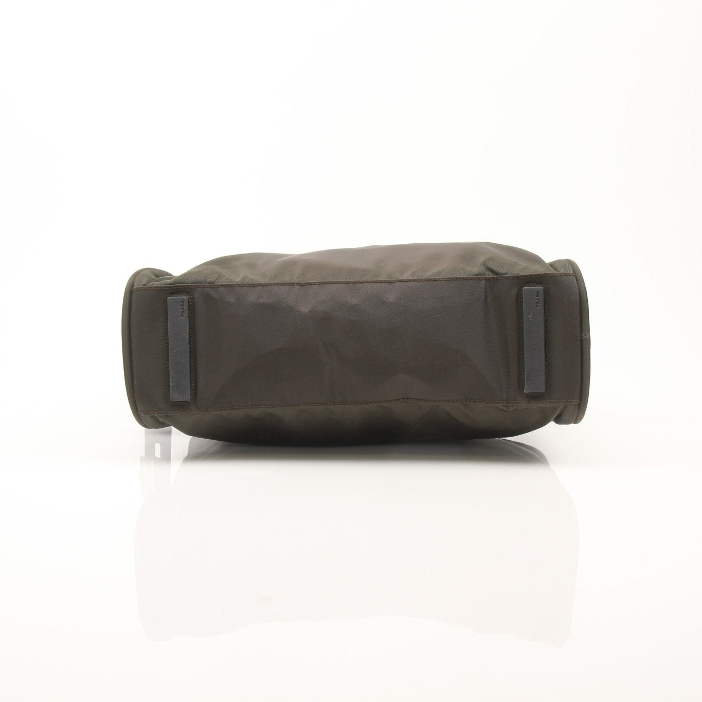 Prada olive green triangle logo satchel handbag with top handles and gold accents, stylish and elegant accessory.