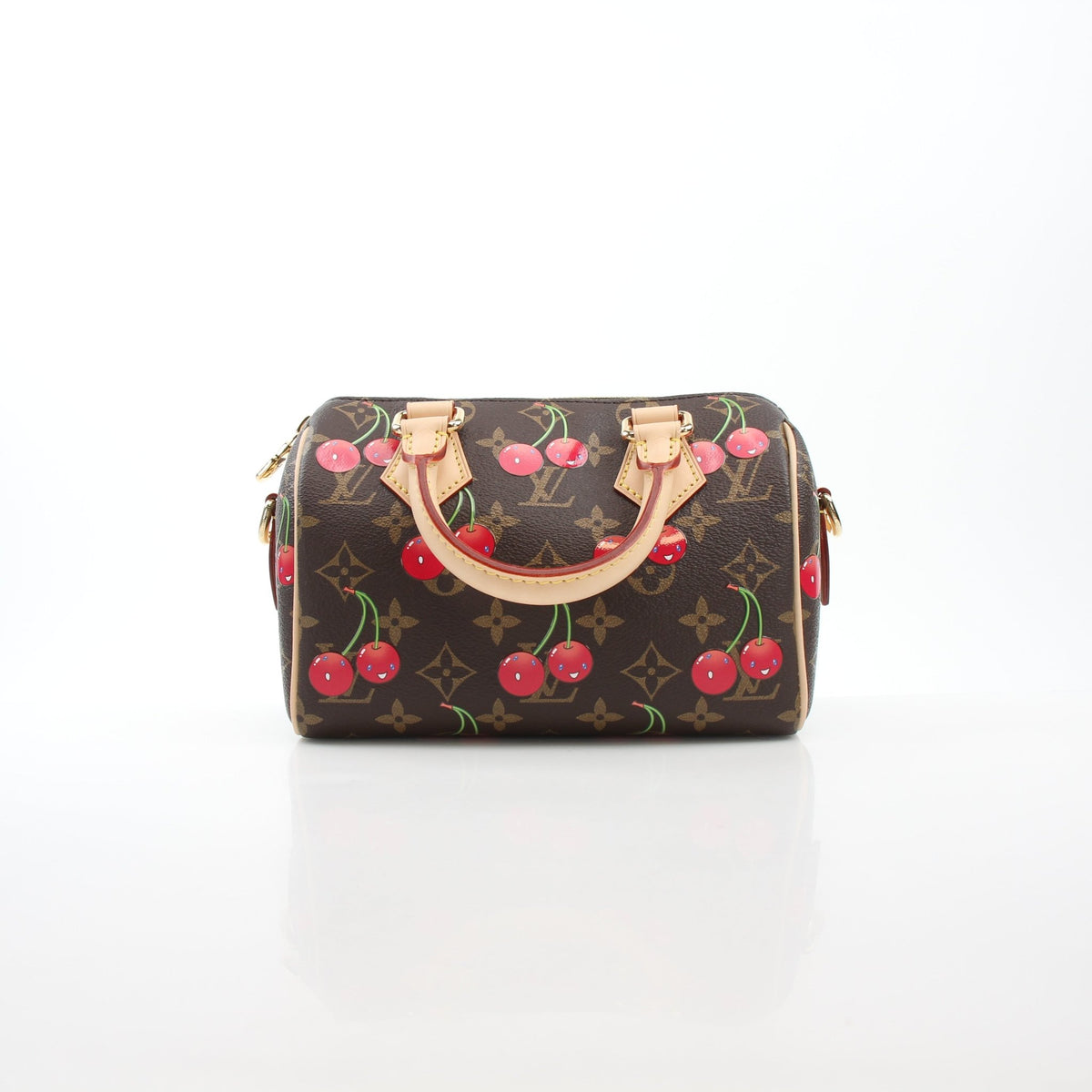 Louis Vuitton x Takashi Murakami Monogram Cerises Speedy Bandoulière 20 handbag with vibrant cherry design and gold-tone accents.