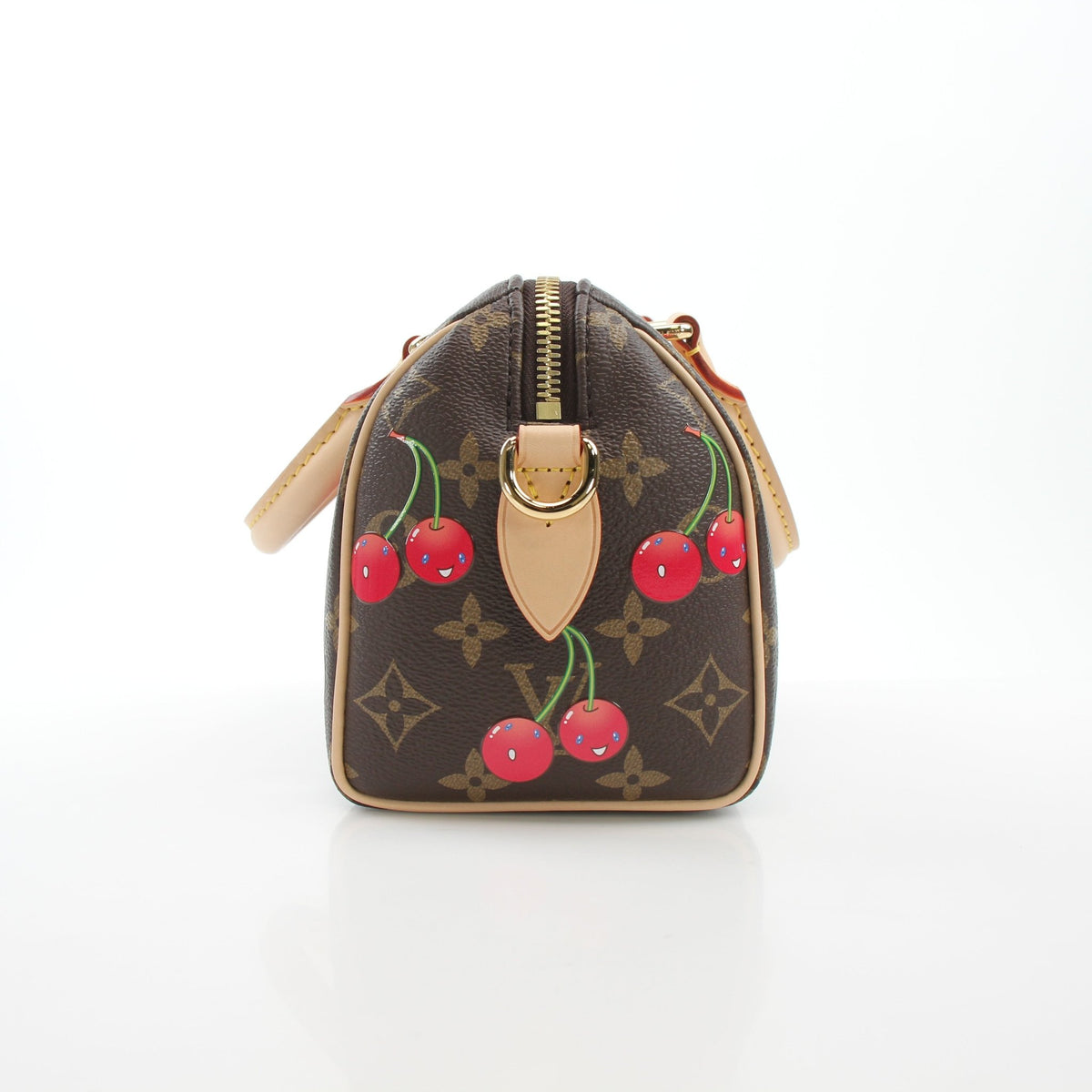 Louis Vuitton x Takashi Murakami Monogram Cerises Speedy Bandoulière 20 handbag with vibrant cherry design and gold hardware.