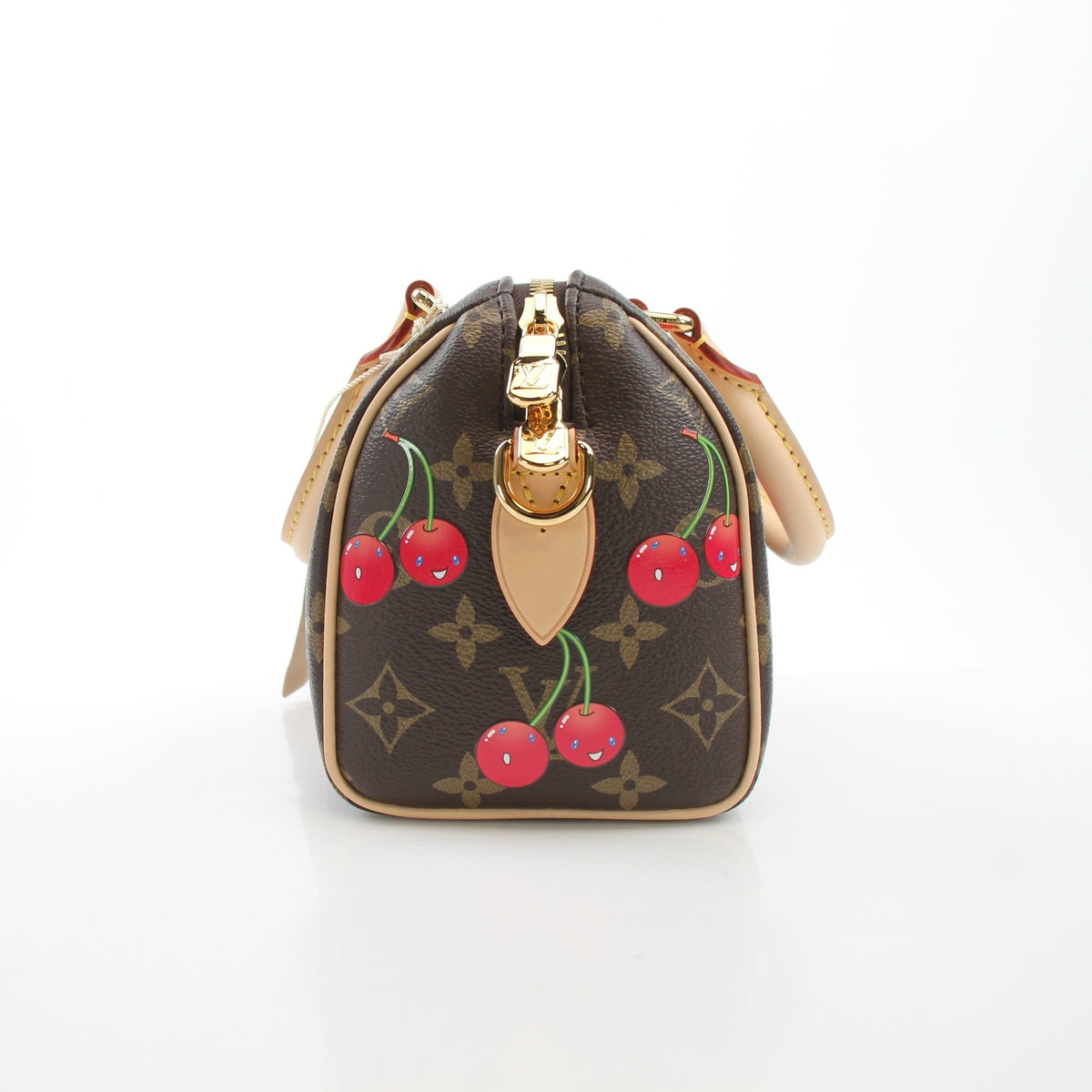 Louis Vuitton x Takashi Murakami Monogram Cerises Speedy Bandoulière 20 handbag with colorful cherry design and gold hardware.