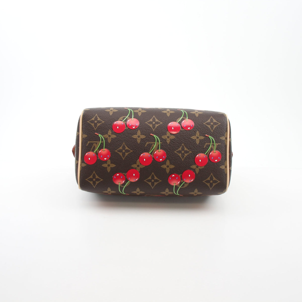 Louis Vuitton x Takashi Murakami Monogram Cerises Speedy Bandoulière 20 handbag with vibrant cherry design and gold-tone hardware.