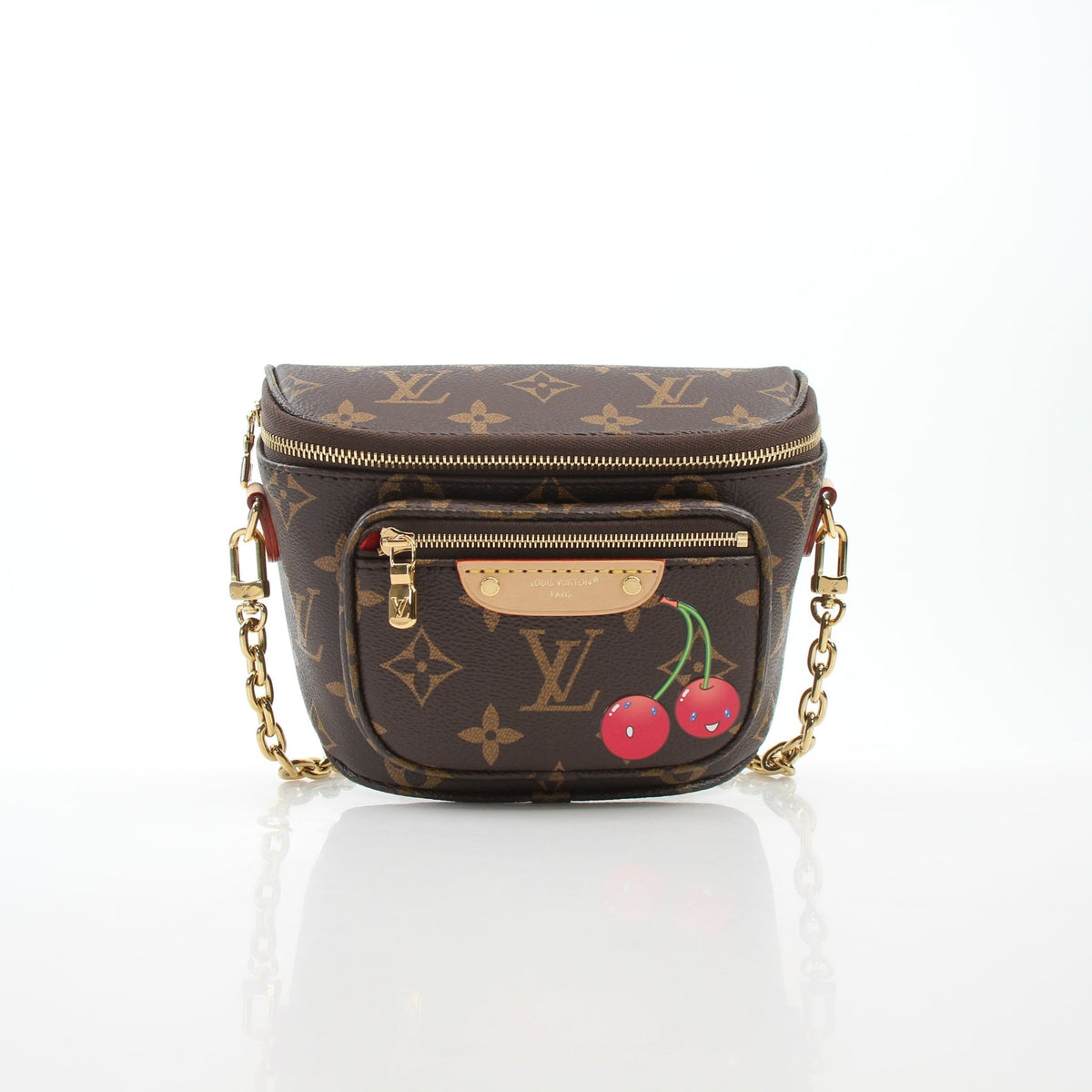 Louis Vuitton x Takashi Murakami Monogram Cerises mini bumbag handbag with colorful cherry and floral designs.