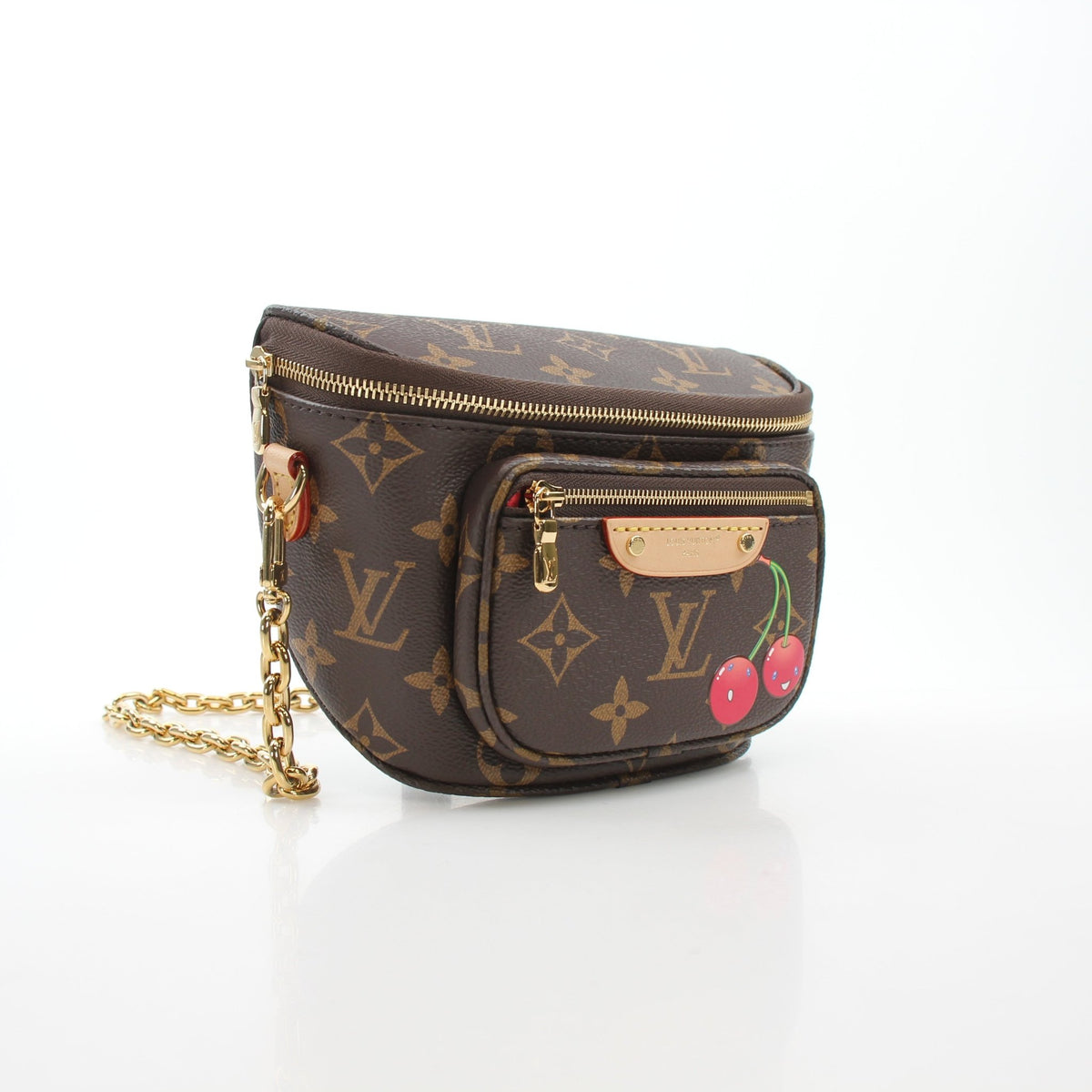 Louis Vuitton x Takashi Murakami Monogram Cerises mini bumbag handbag with colorful cherry design and gold hardware.