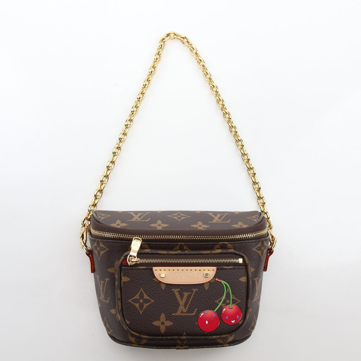 Louis Vuitton x Takashi Murakami Monogram Cerises mini bumbag handbag with colorful cherry design and gold accents.
