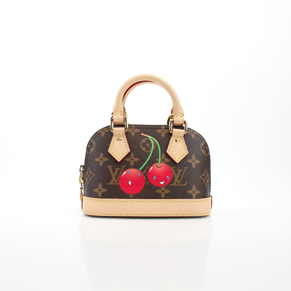 Louis Vuitton x Takashi Murakami Cerises Nano Alma Monogram handbag with gold hardware and vibrant cherry design.
