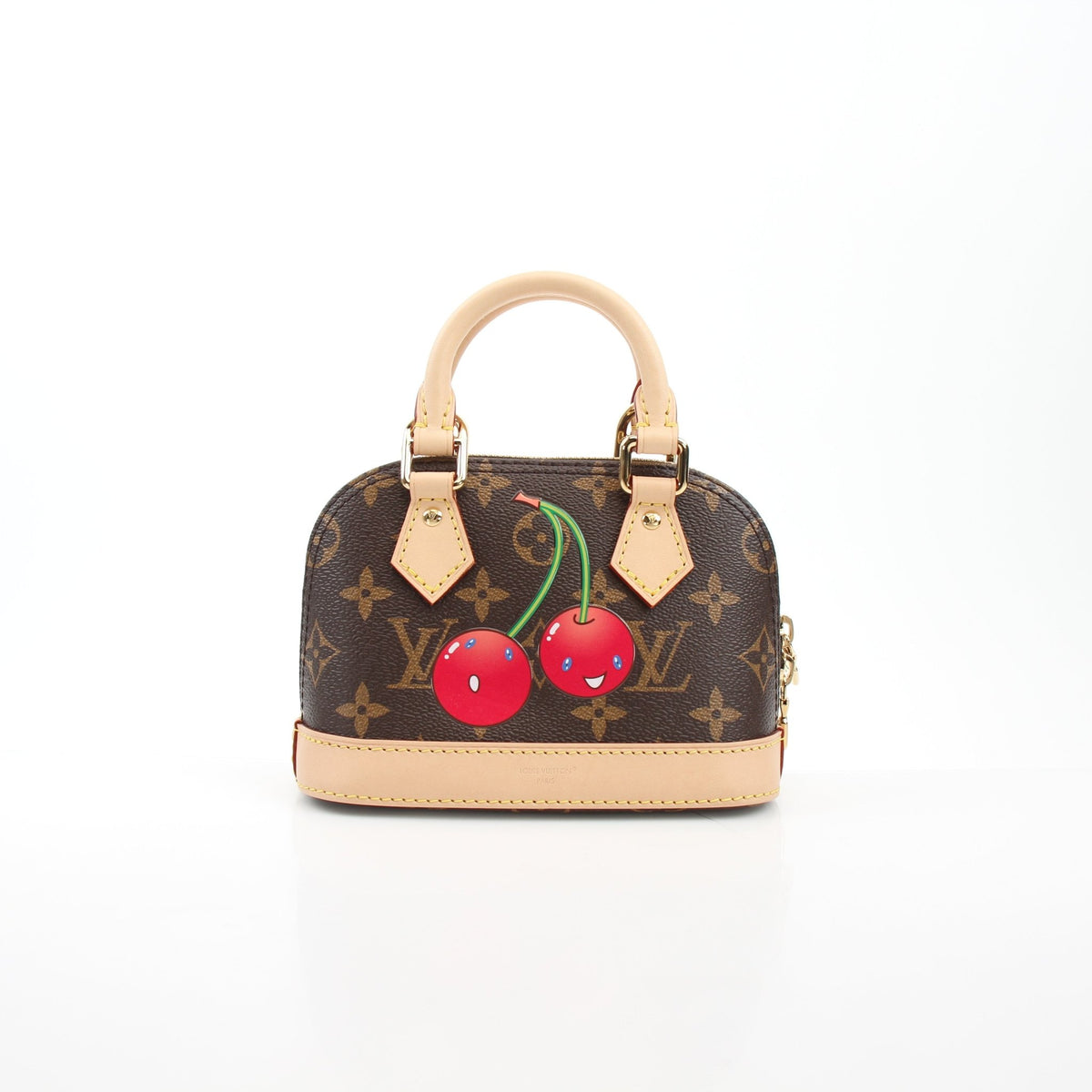 Louis Vuitton x Takashi Murakami Cerises Nano Alma Monogram handbag with gold hardware and vibrant cherry design.