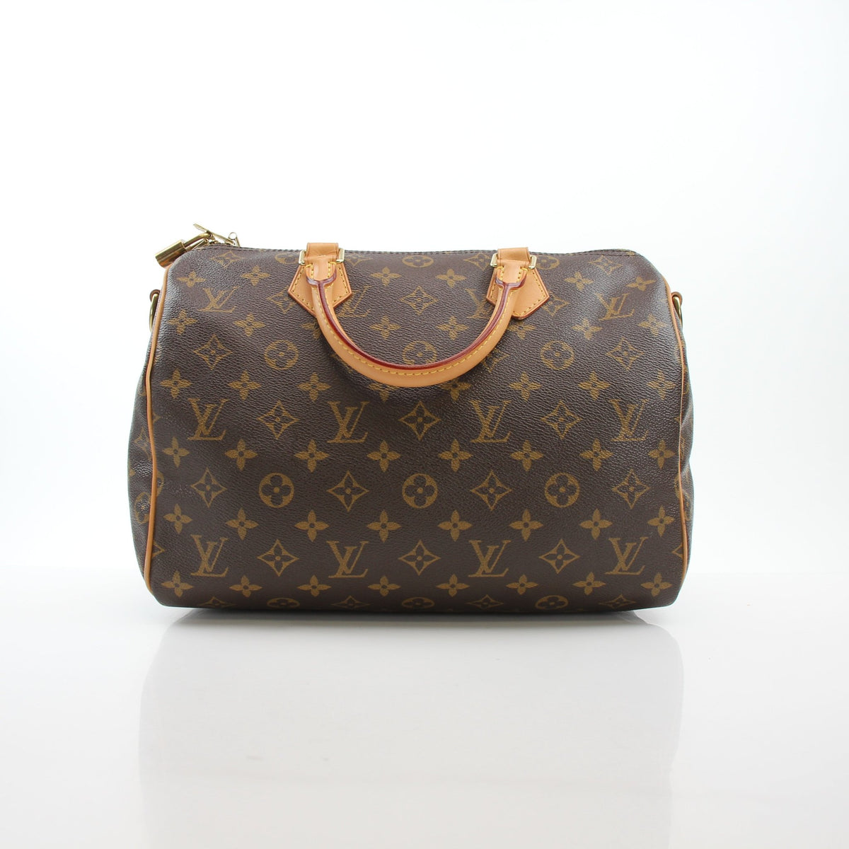 Louis Vuitton Speedy Bandoulière 30 handbag in coated canvas with leather trim, featuring gold-tone hardware and top handle.
