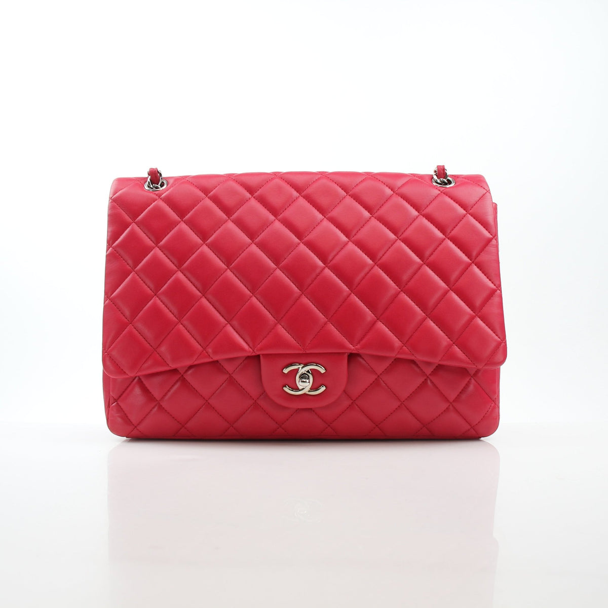 Chanel Classic Maxi Double Flap Red Lambskin Shoulder Bag with gold hardware and chain strap, elegant designer handbag.