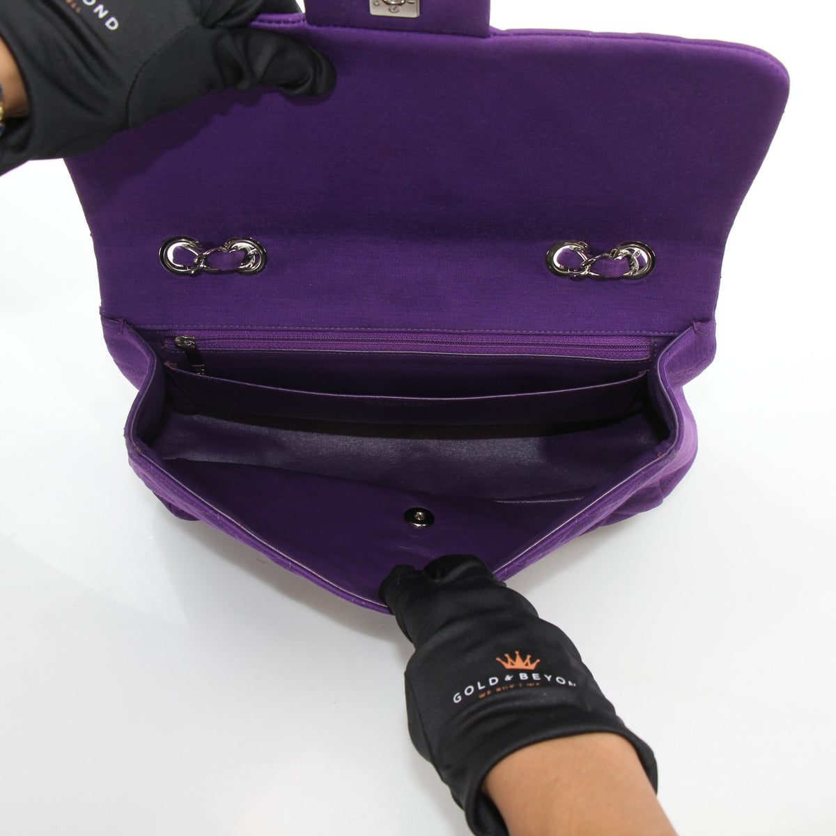 Chanel Classic Jumbo Purple Quilted Jersey Shoulder Bag with single flap and gold hardware, stylish designer handbag.