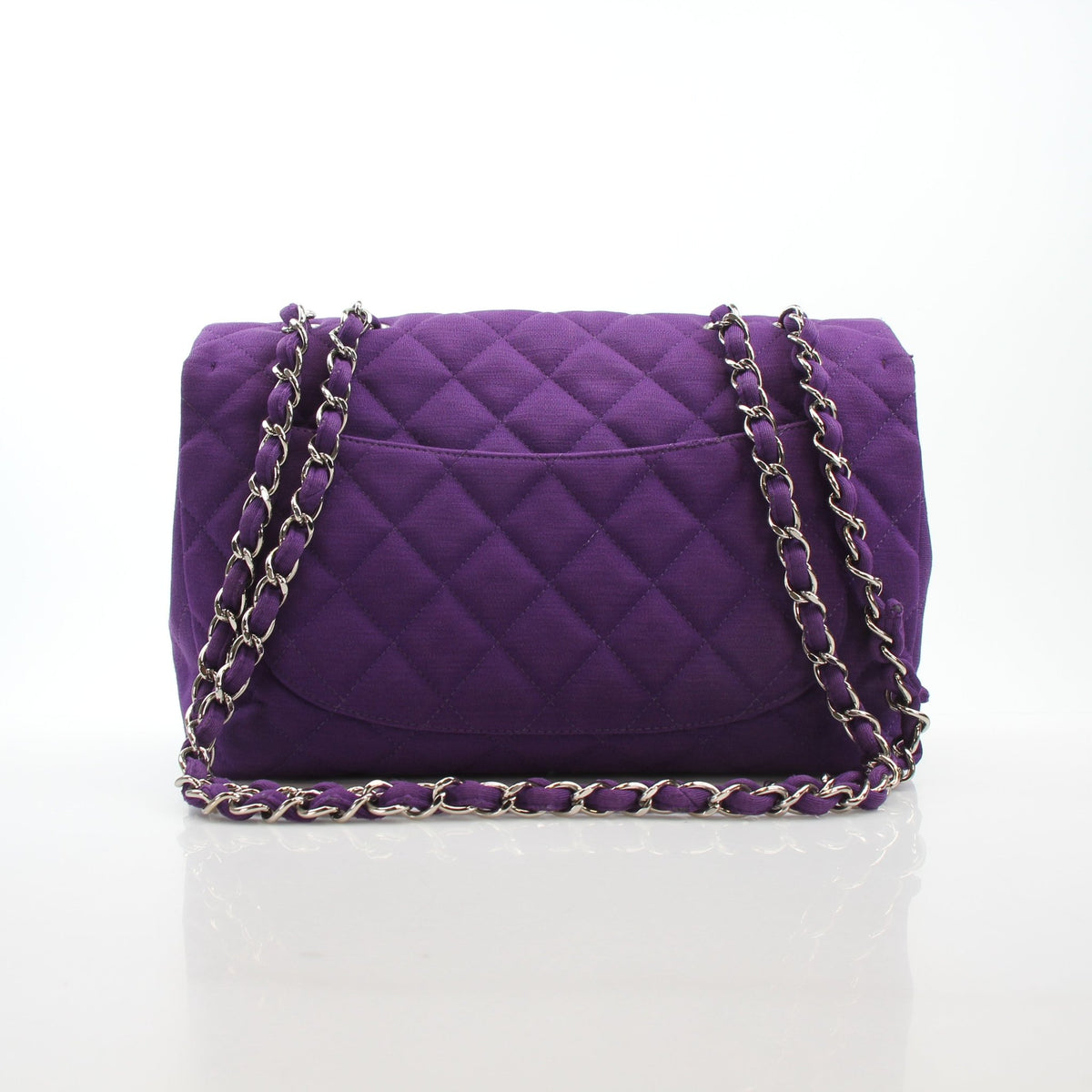 Purple quilted Chanel Classic Jumbo single flap shoulder handbag with gold hardware and signature quilting design.