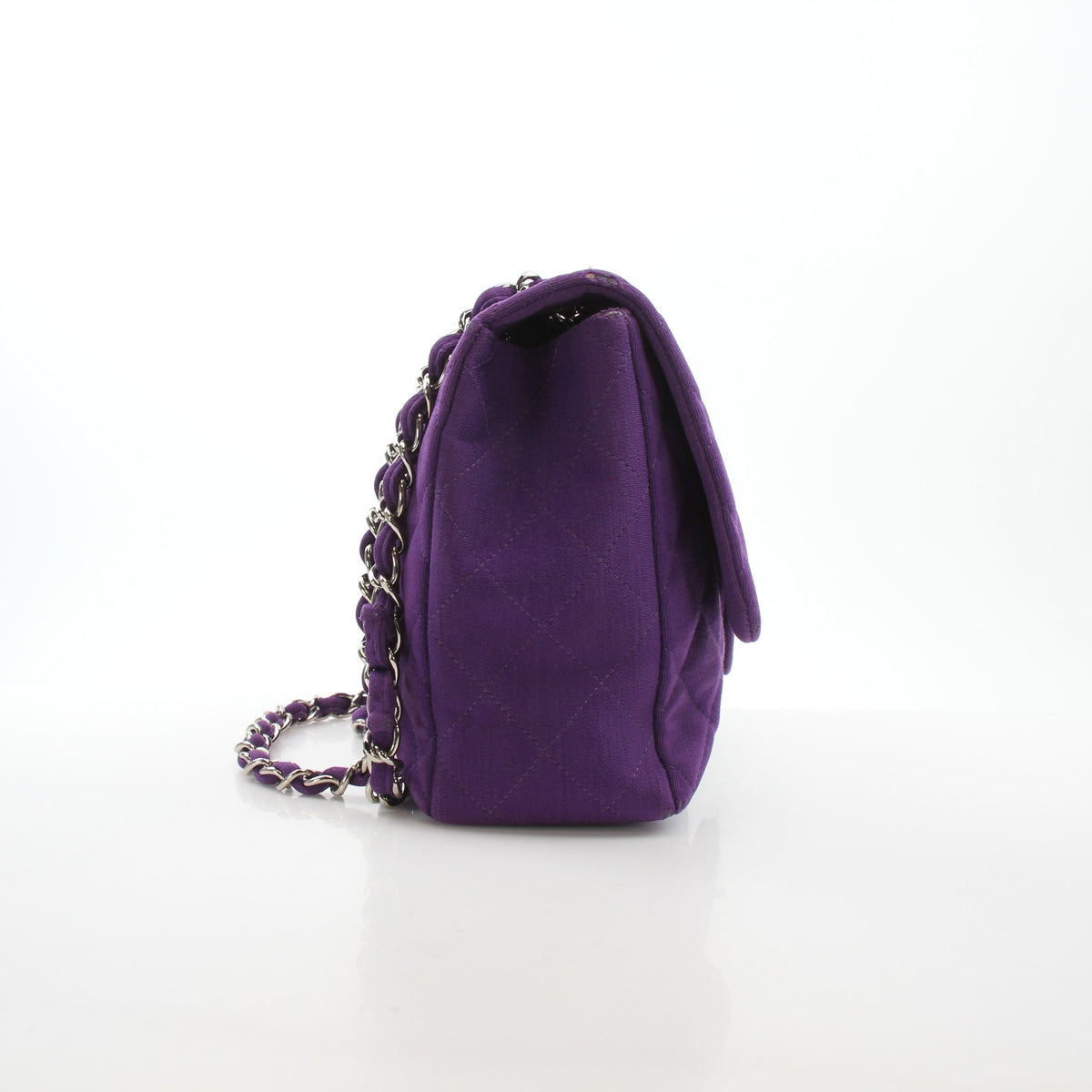 Chanel Classic Jumbo Purple Quilted Jersey Handbag with gold chain shoulder strap and signature flap closure.