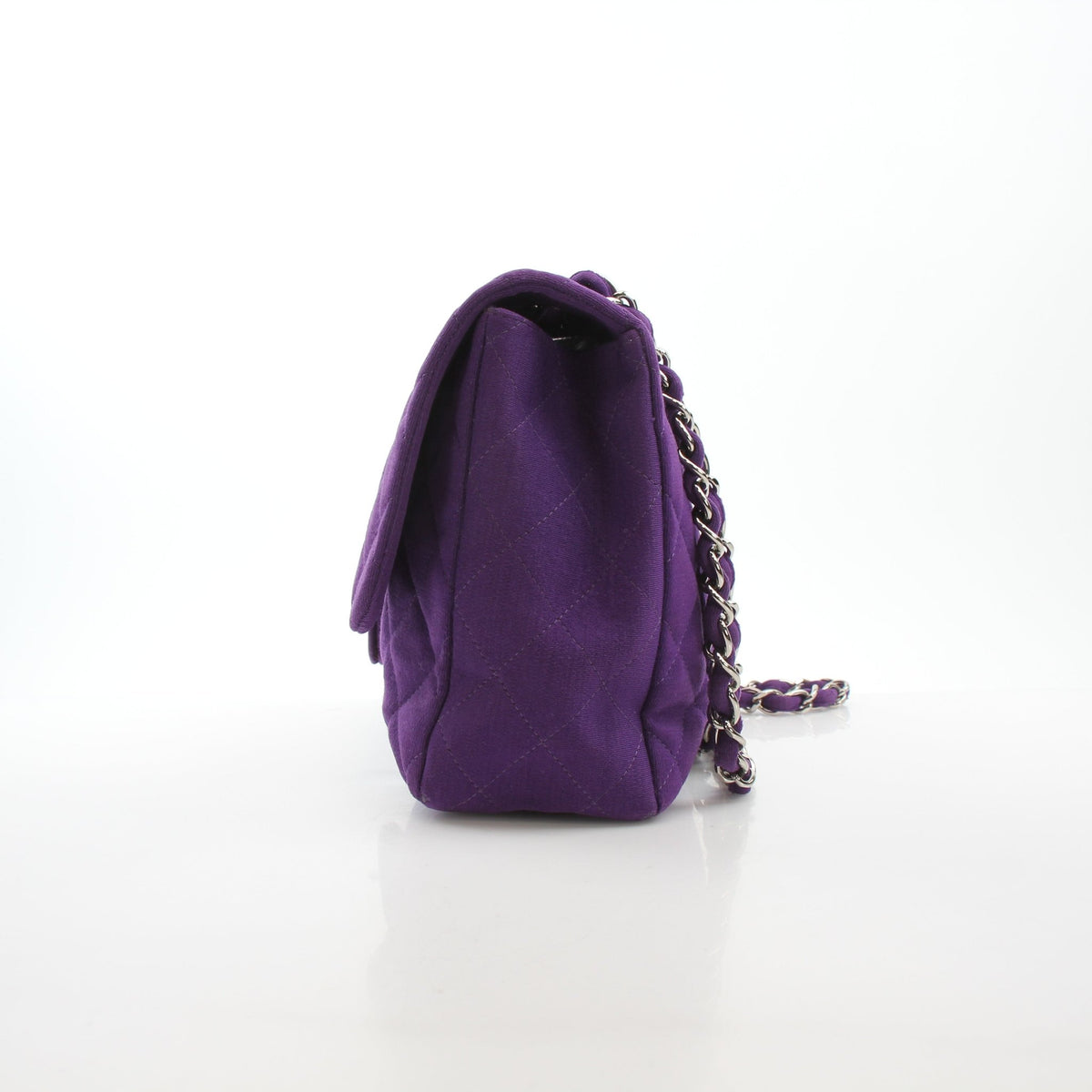 Chanel Classic Jumbo Purple Quilted Jersey Handbag with Single Flap and Shoulder Strap, featuring gold-tone hardware.