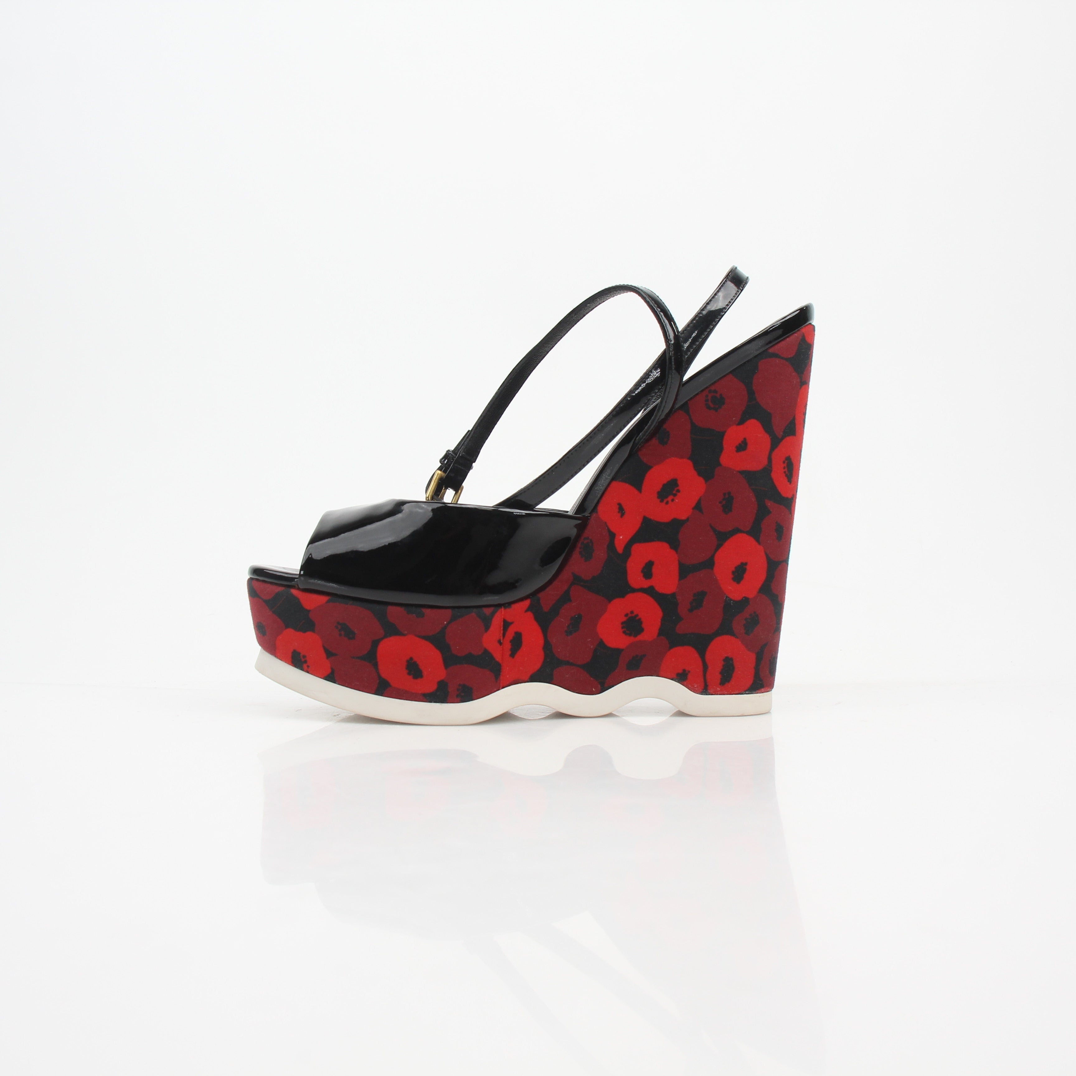 Saint Laurent Poppy Lips Ankle Strap Wedge Sandals