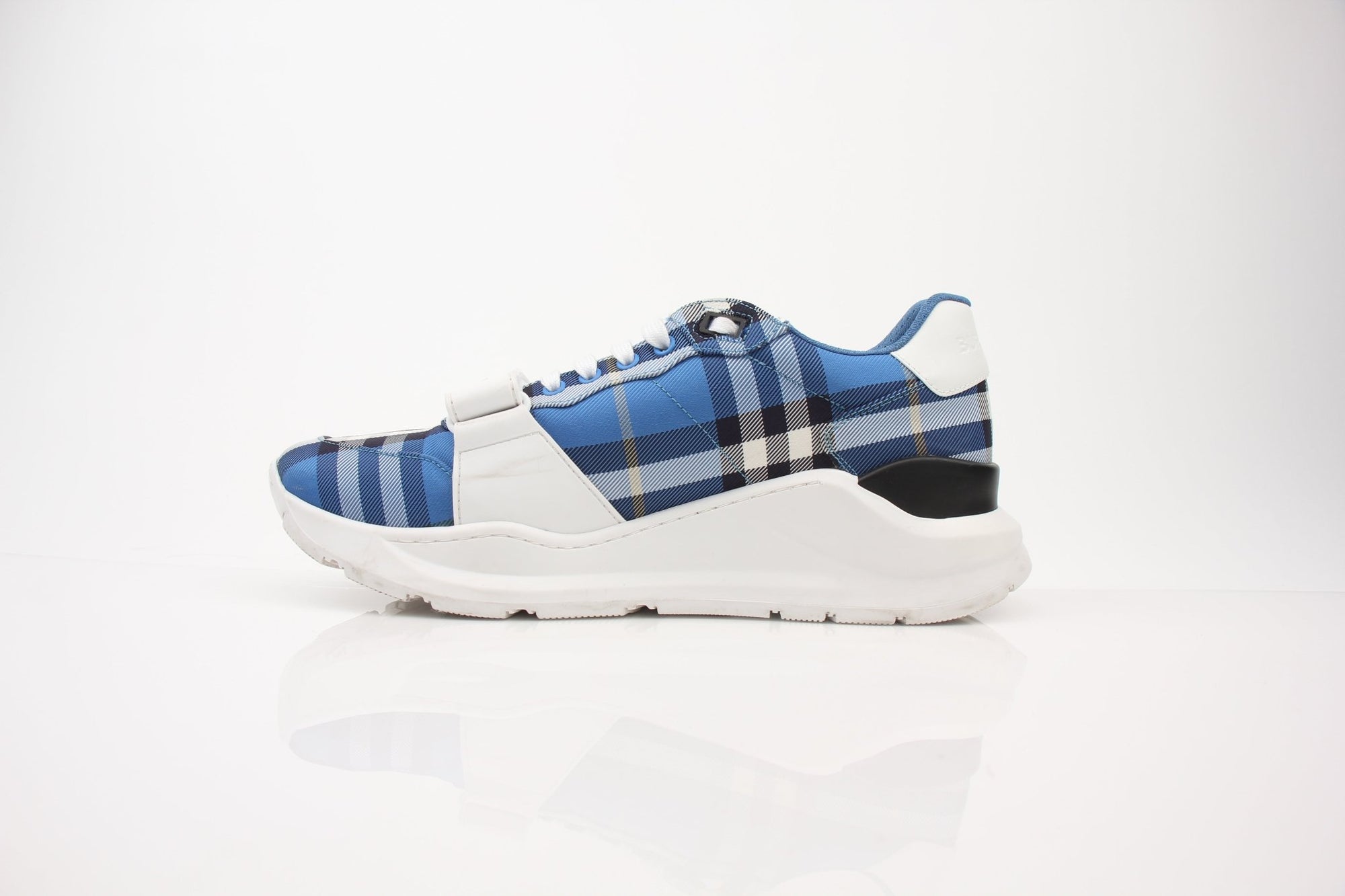 Gold & Beyond Burberry Check leather low top sneakers in size 14, featuring classic plaid design and white rubber soles.