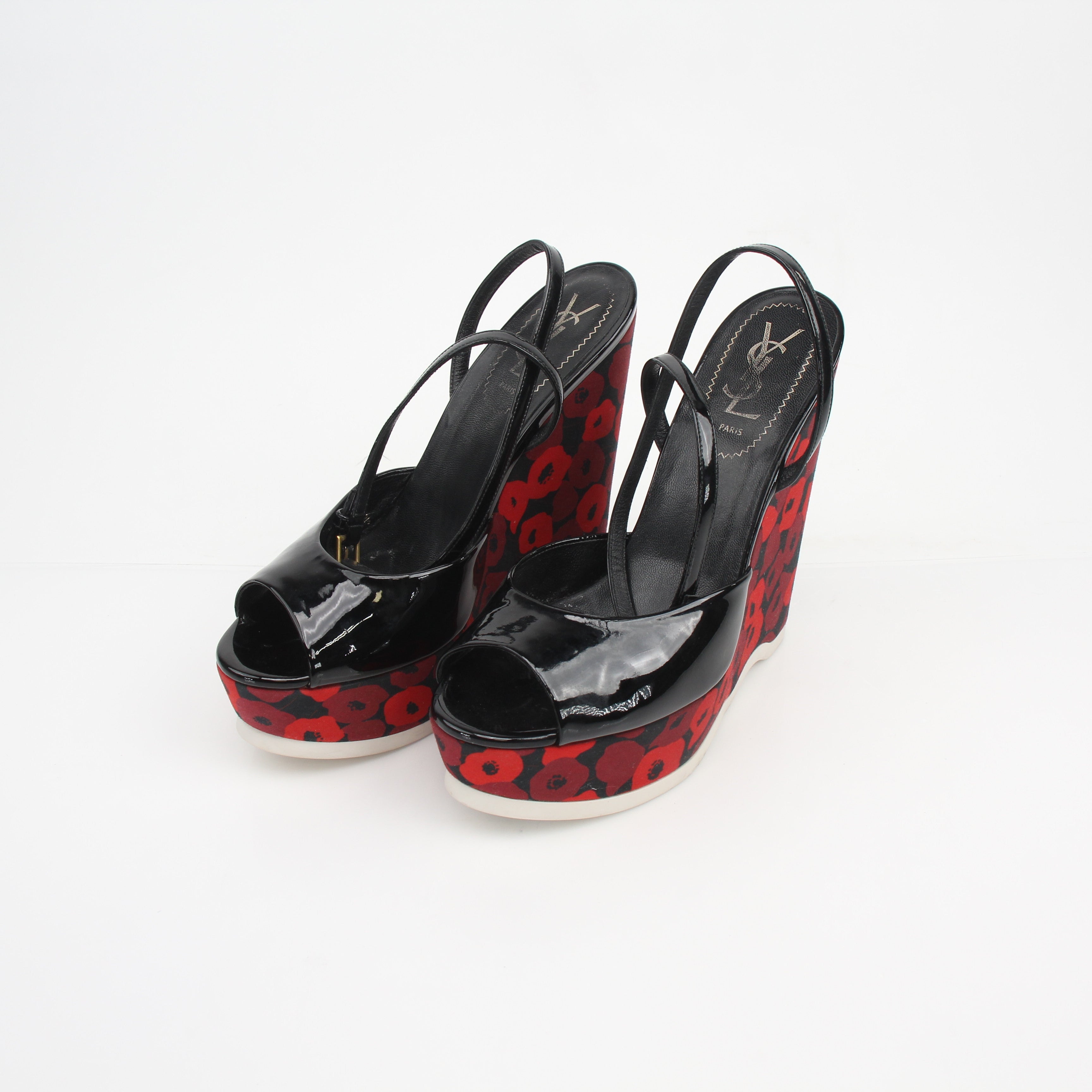 Saint Laurent Poppy Lips Ankle Strap Wedge Sandals