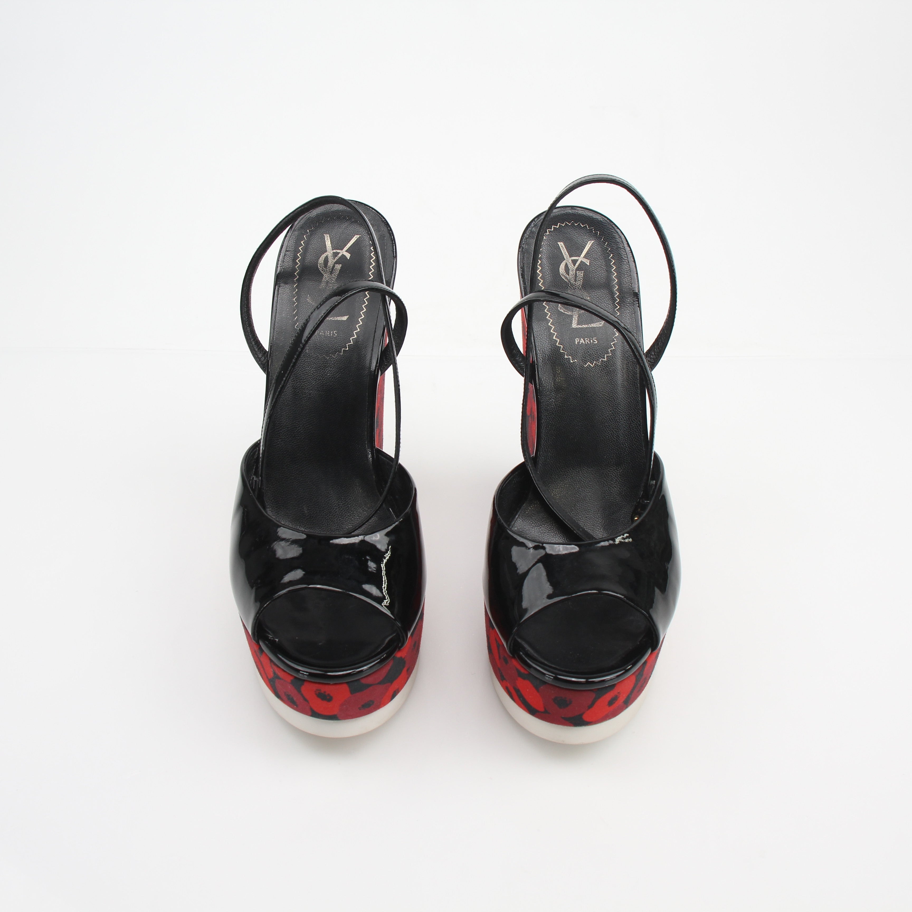 Saint Laurent Poppy Lips Ankle Strap Wedge Sandals