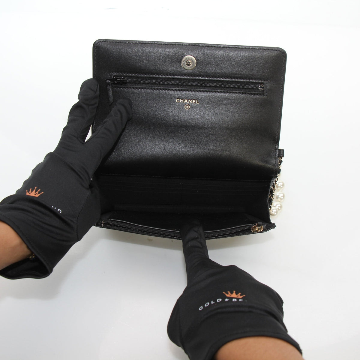 Chanel Pearly Chain Classic Wallet on Chain in black lambskin with pearl chain strap