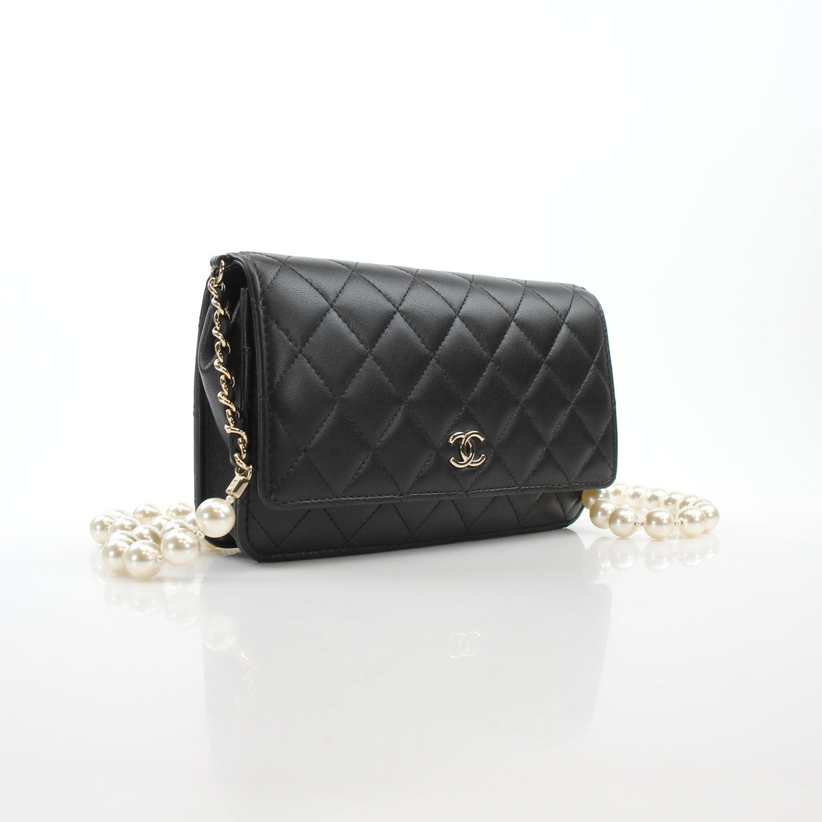 Chanel Pearly Chain Classic Wallet on Chain in black lambskin with gold chain strap