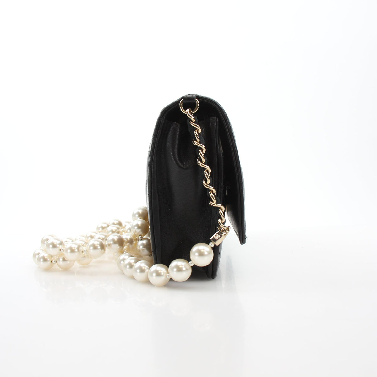 Chanel Pearly Chain Classic Wallet on Chain in black lambskin with pearl chain strap