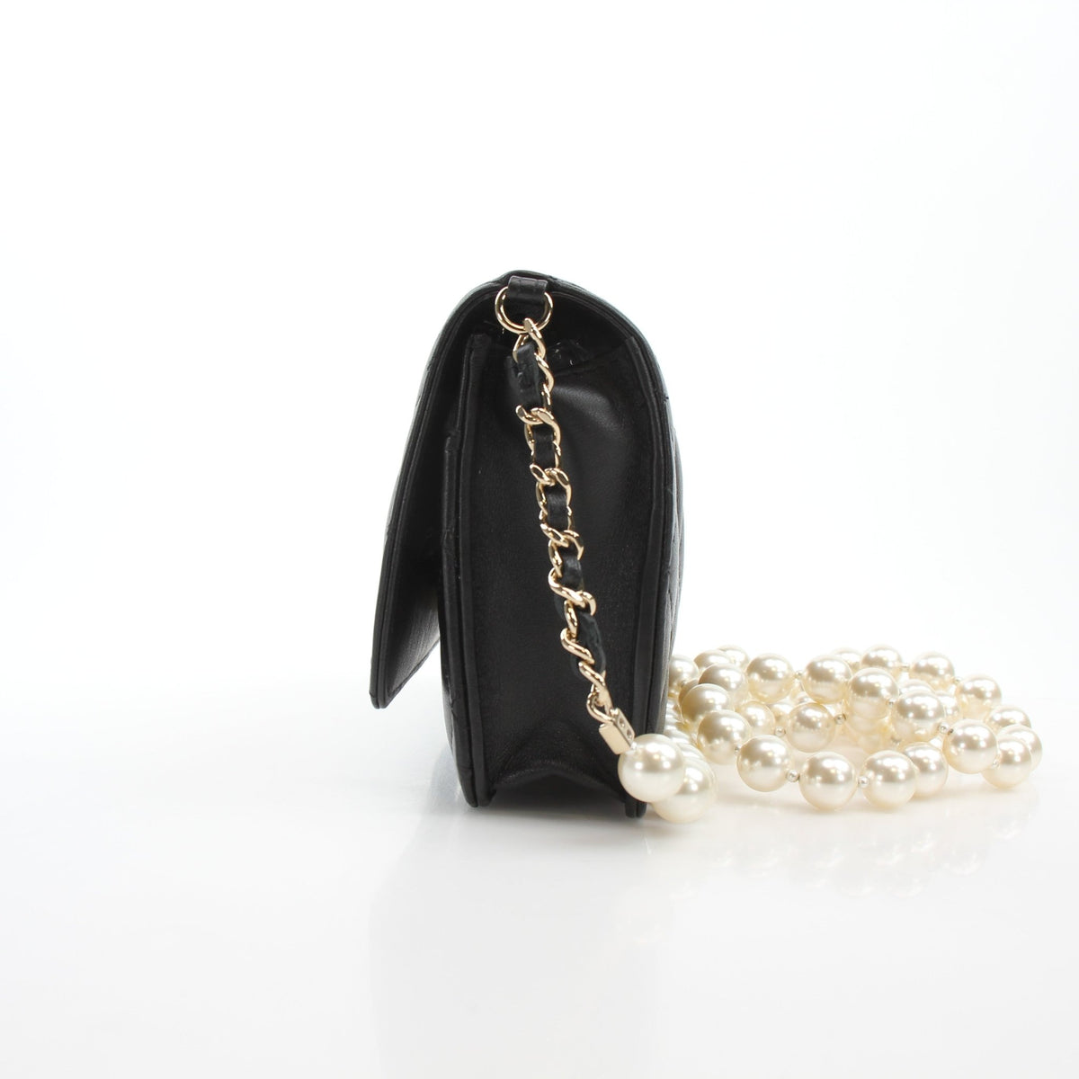 Chanel Pearly Chain Classic Wallet on Chain in black lambskin with a pearl chain strap