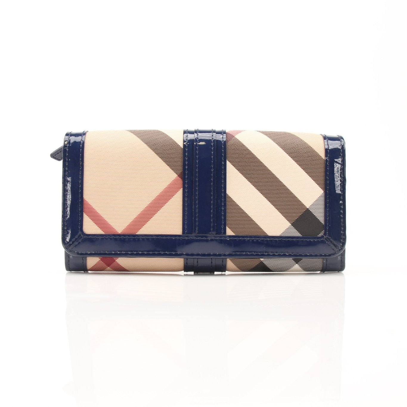 Gold & Beyond Burberry plaid continental wallet with multiple card slots and a sleek design, laid flat showing the classic pattern.