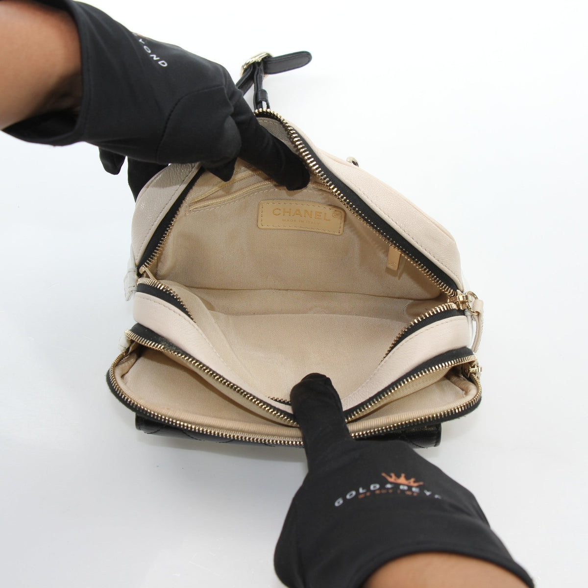 Gold & Beyond Chanel quilted tri-color In & Out belt bag handbag with compact structured design