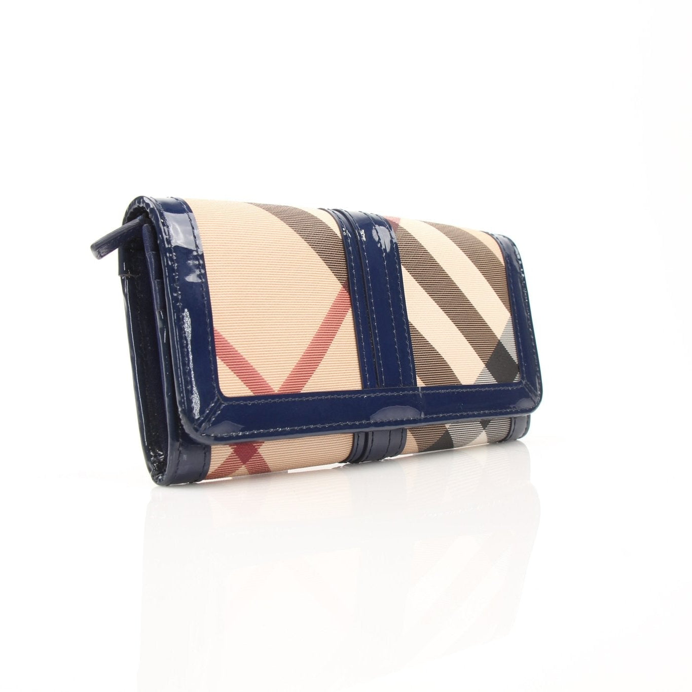 Gold & Beyond Burberry plaid continental wallet with multiple card slots and a sleek design.