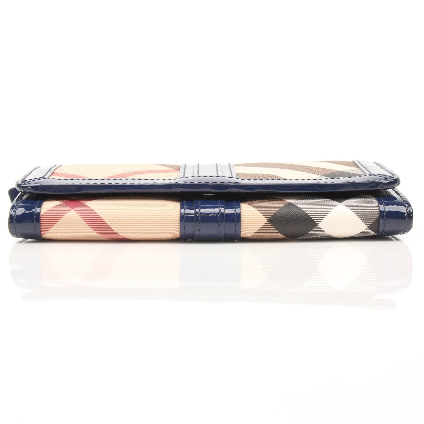 Gold & Beyond Burberry plaid continental wallet with multiple card slots and zip coin compartment on beige background.