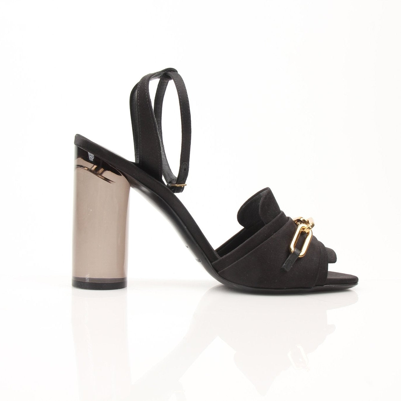 Black satin Burberry Coleford heels with gold chain detail, size 36, by Gold & Beyond, featuring elegant ankle strap and pointed toe
