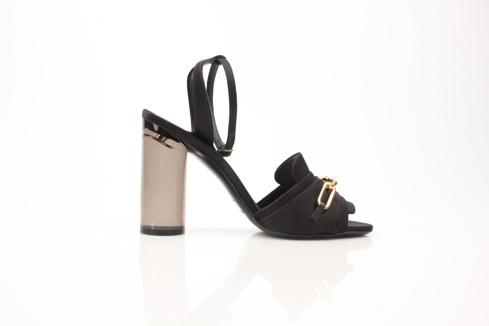 Black satin Burberry Coleford heels with gold chain detail, size 36, by Gold & Beyond, featuring elegant ankle strap and pointed toe