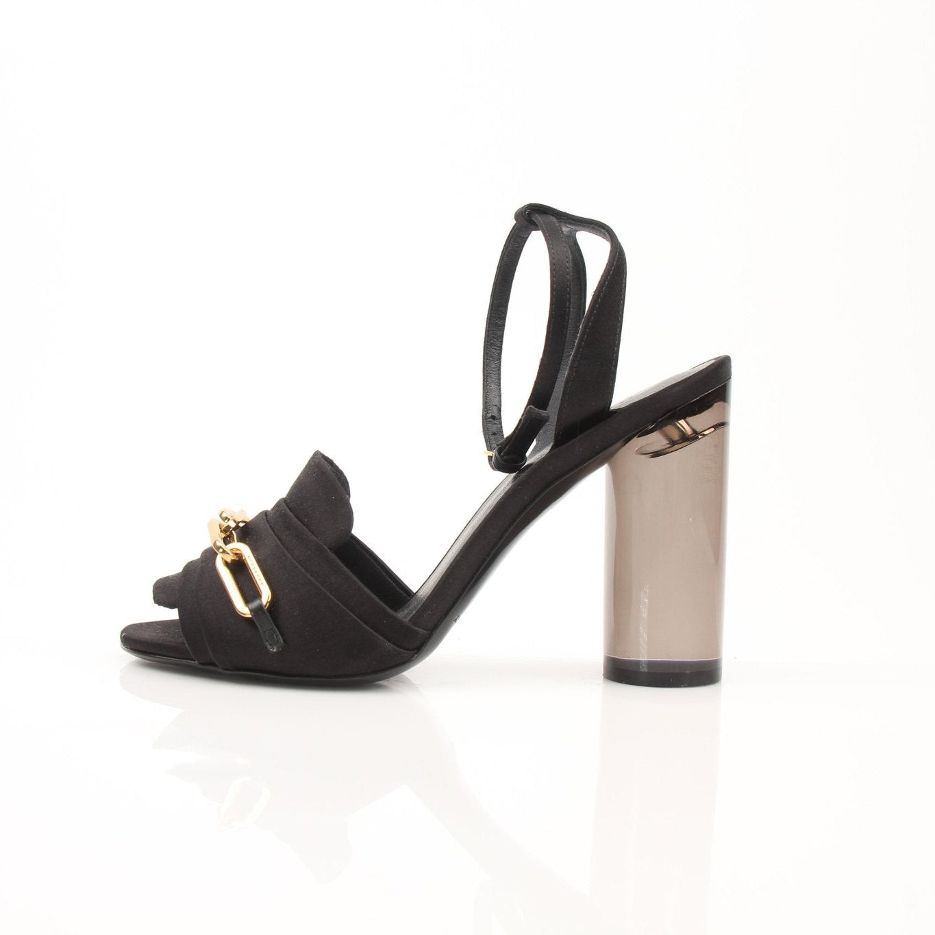 Gold & Beyond Burberry Coleford black satin heels with gold chain detail, size 36, stylish and elegant women's shoes.