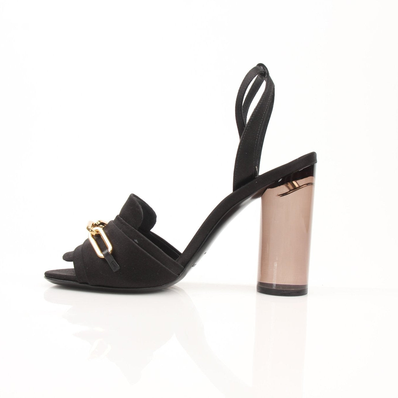 Burberry Coleford black satin heels with gold chain accents, size 36, by Gold & Beyond, shown from side angle.