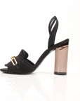 Burberry Coleford black satin heels with gold chain accents, size 36, by Gold & Beyond, shown from side angle.