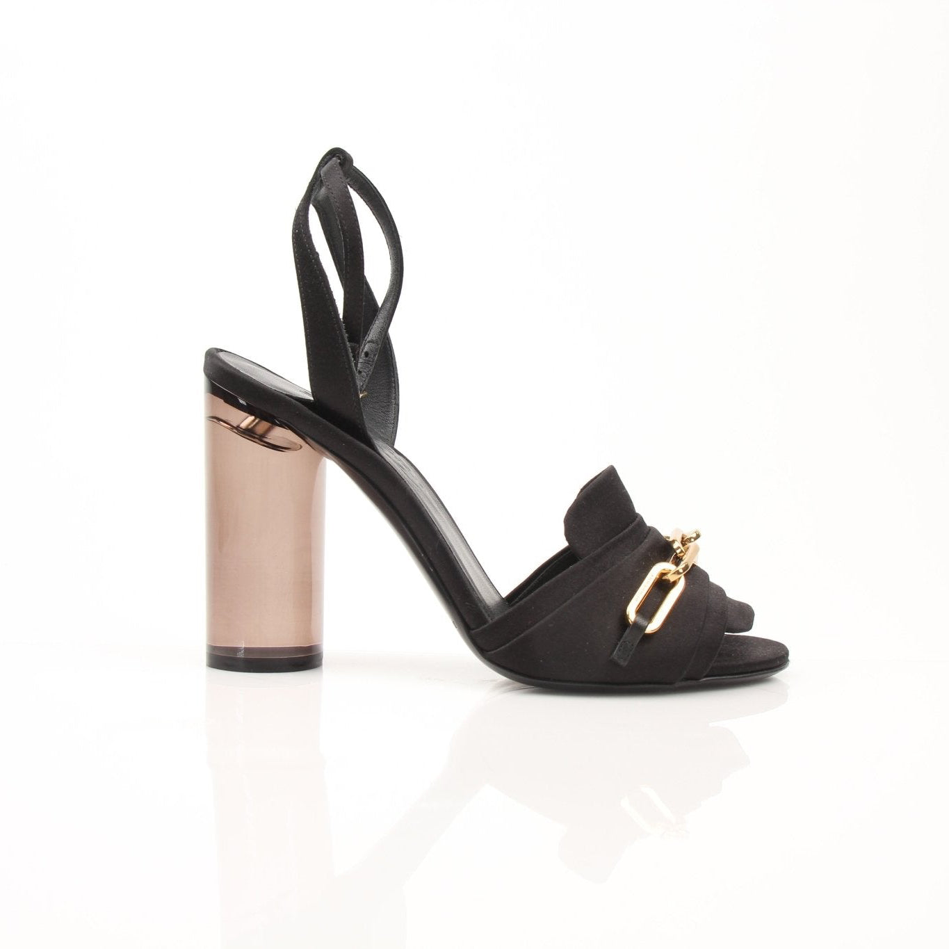 Black satin Burberry Coleford heels with gold chain detail, size 36, by Gold & Beyond, showing the elegant shoe side view.