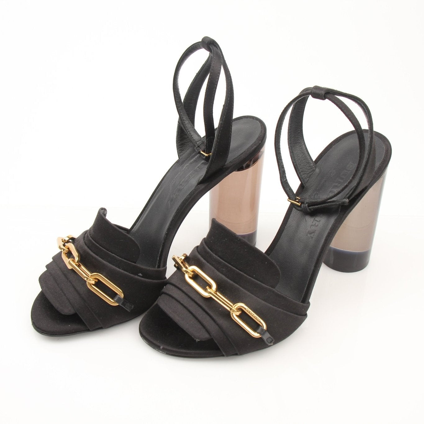Burberry Coleford black satin heels with gold chain detail, size 36, by Gold & Beyond, shown from side angle.