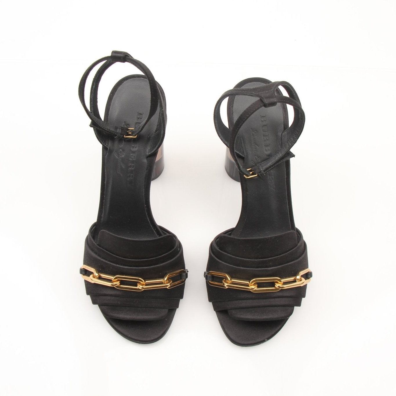 Burberry Coleford black satin heels with gold chain detail, size 36, by Gold & Beyond, showcasing the elegant footwear design.