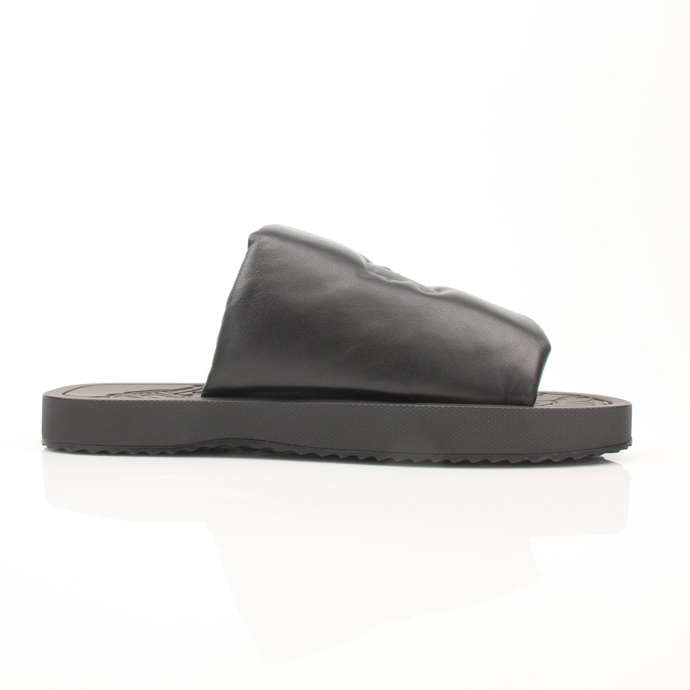 Gold & Beyond Burberry Knight Slab Black Sandals with thick straps and buckle details, shown from a side view.