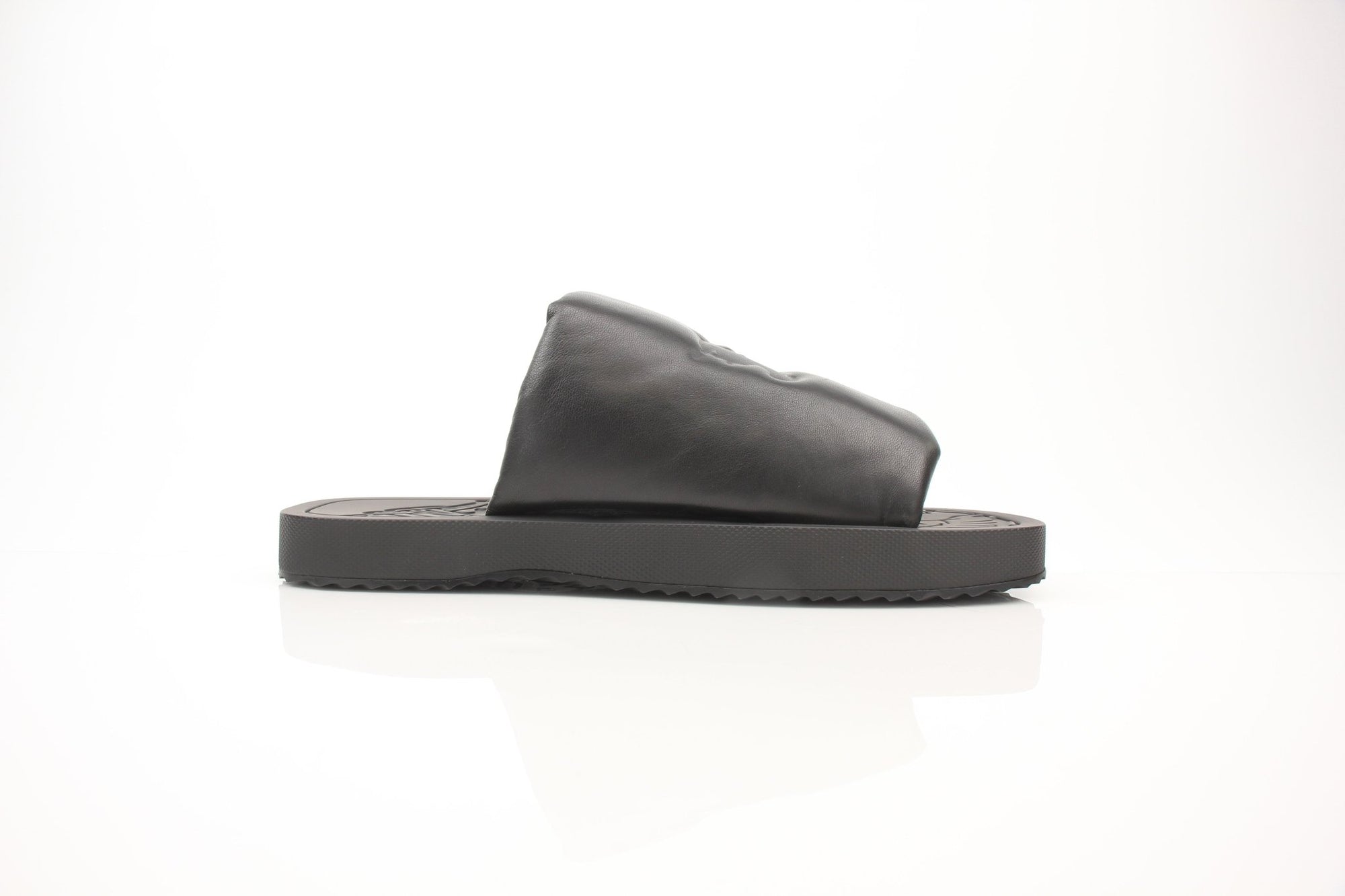 Gold & Beyond Burberry Knight Slab black leather sandals, size 12, featuring sleek design and sturdy straps.