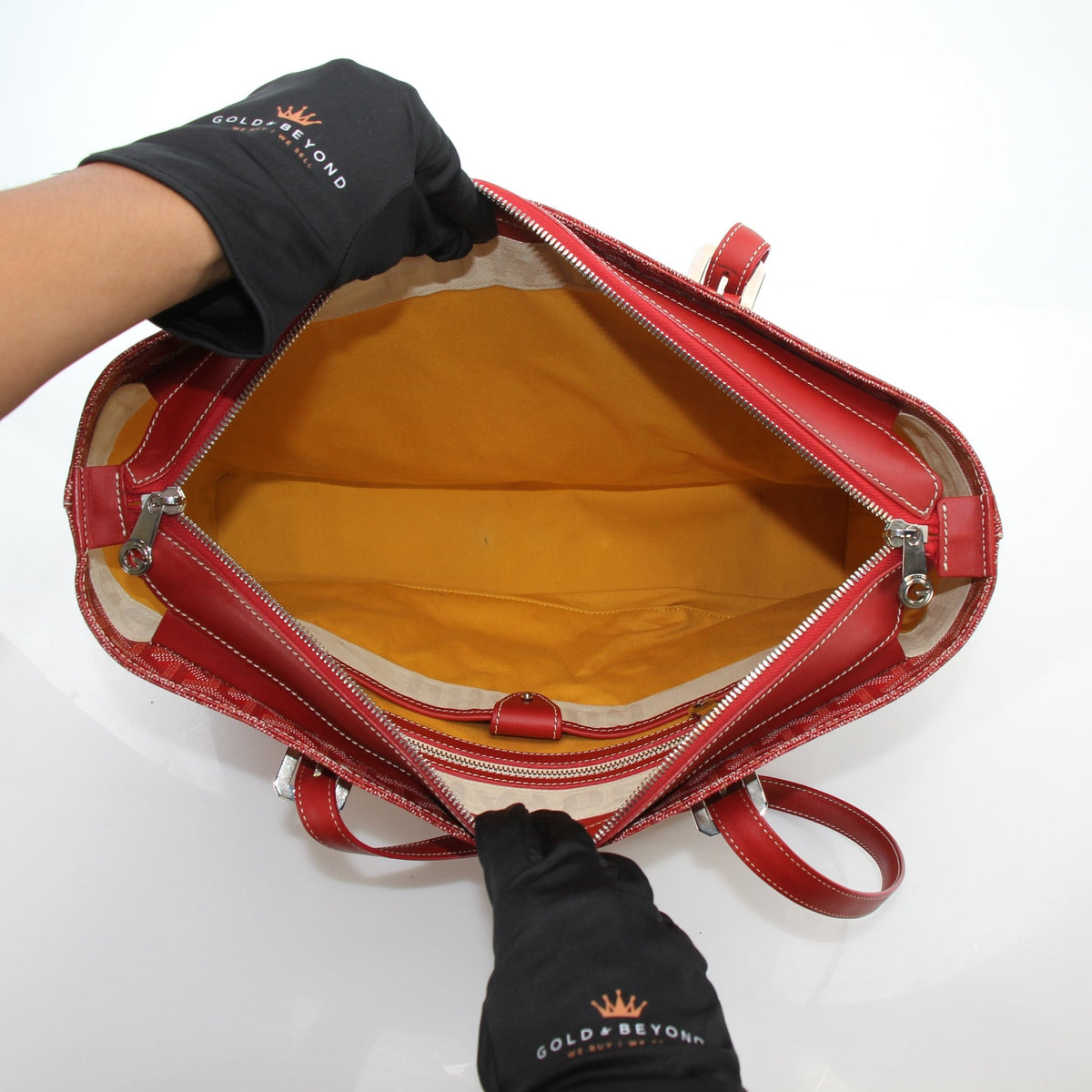 Red Goyard Marquises Zipper Tote handbag made from coated Goyardine canvas with gold-tone hardware, by Gold & Beyond.